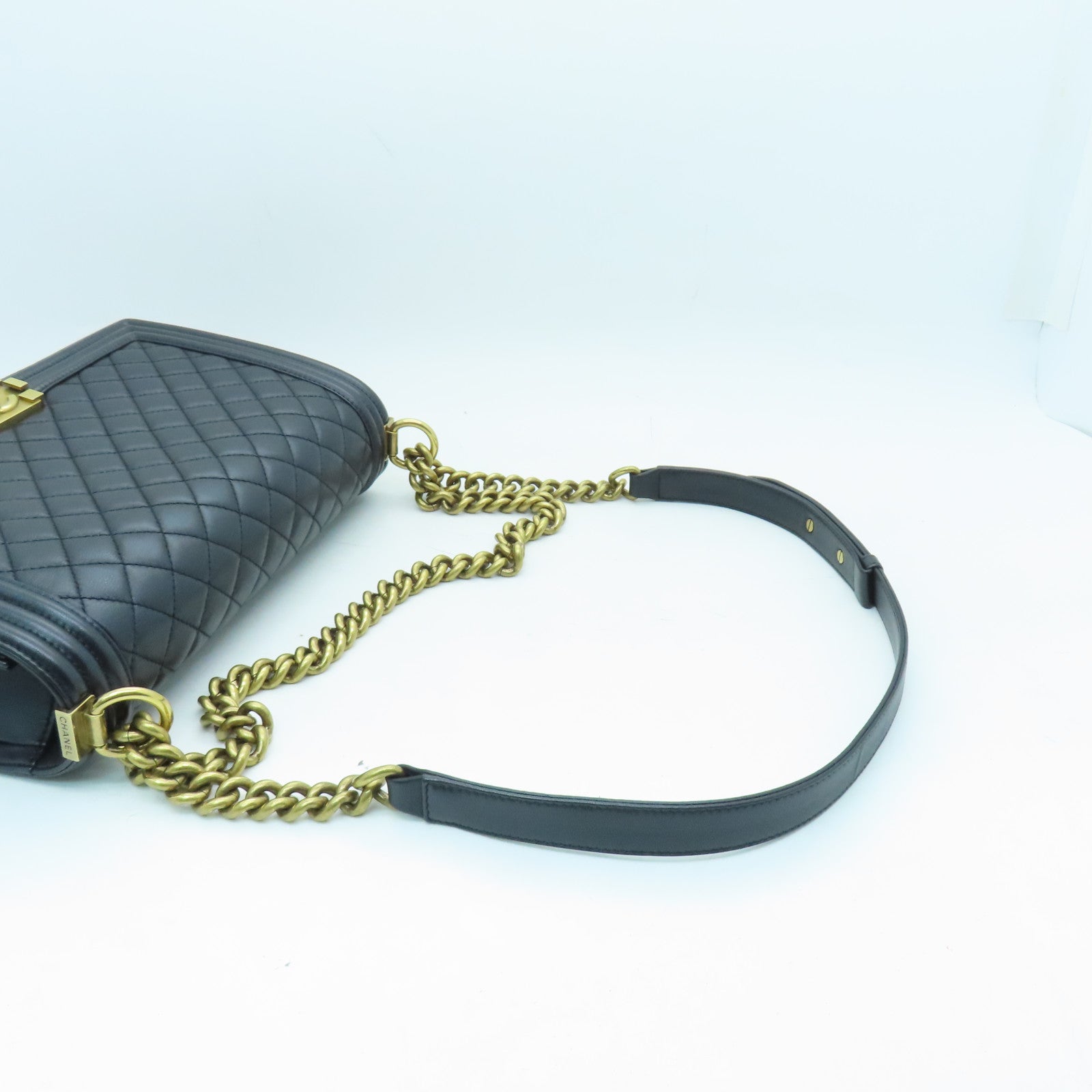 CHANEL Diamond Sheepskin Leather Boy 28cm Gold Buckle Shoulder Bag Black