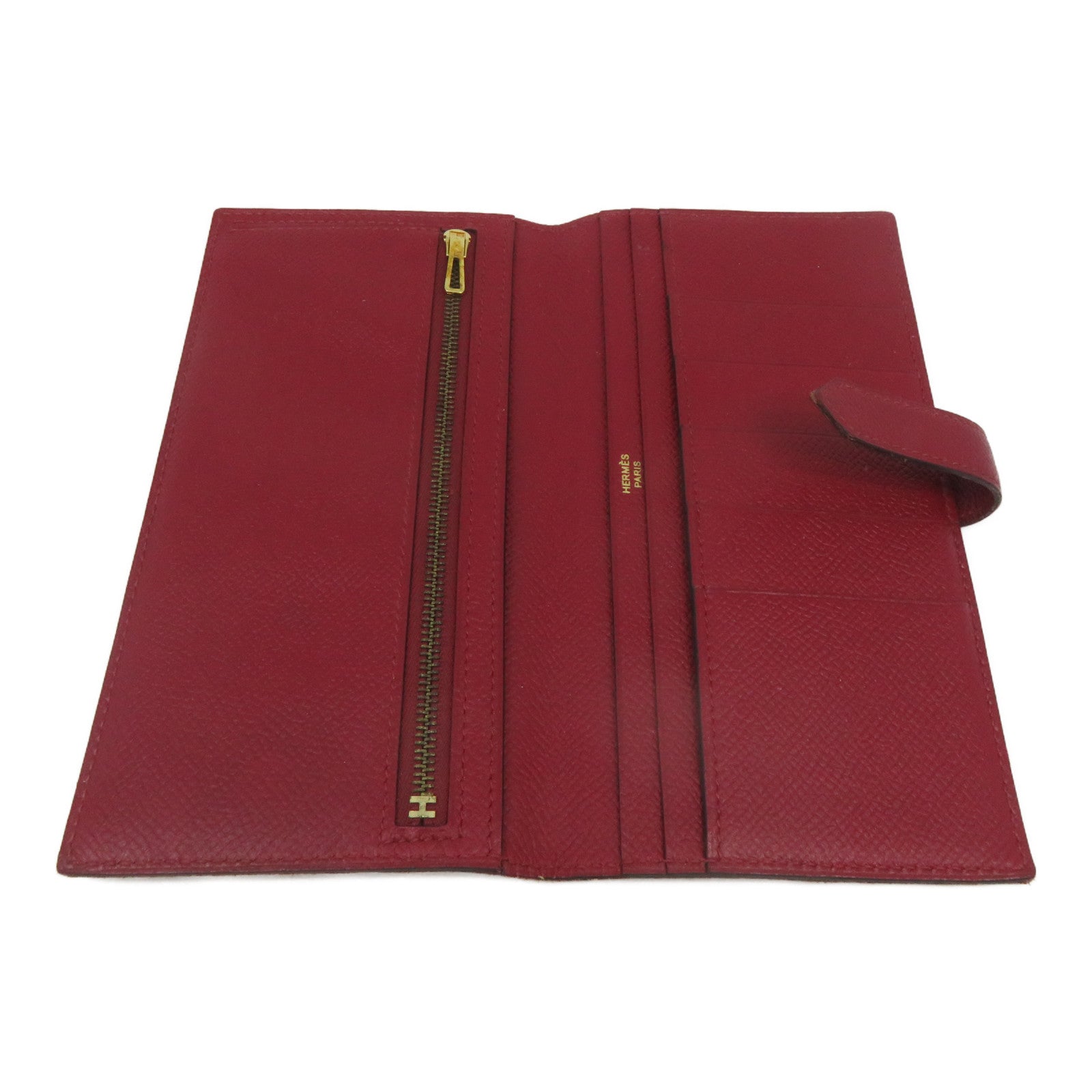 HERMES [Sharp Discount] Epsom Leather Bearn Long Wallet Gold Buckle Long Wallet Red/Rouge Grenade