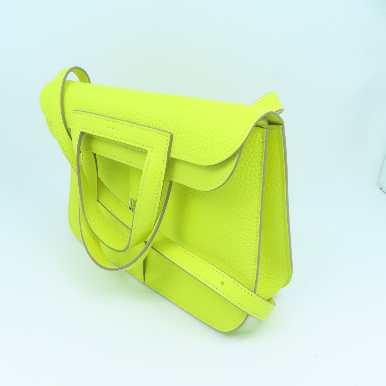 HERMES Clemence皮革Halzan 25银扣肩背袋Lime黄色
