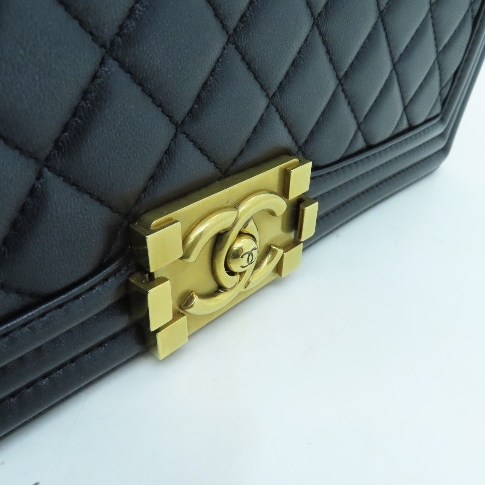 CHANEL Diamond Sheepskin Leather Boy 28cm Gold Buckle Shoulder Bag Black