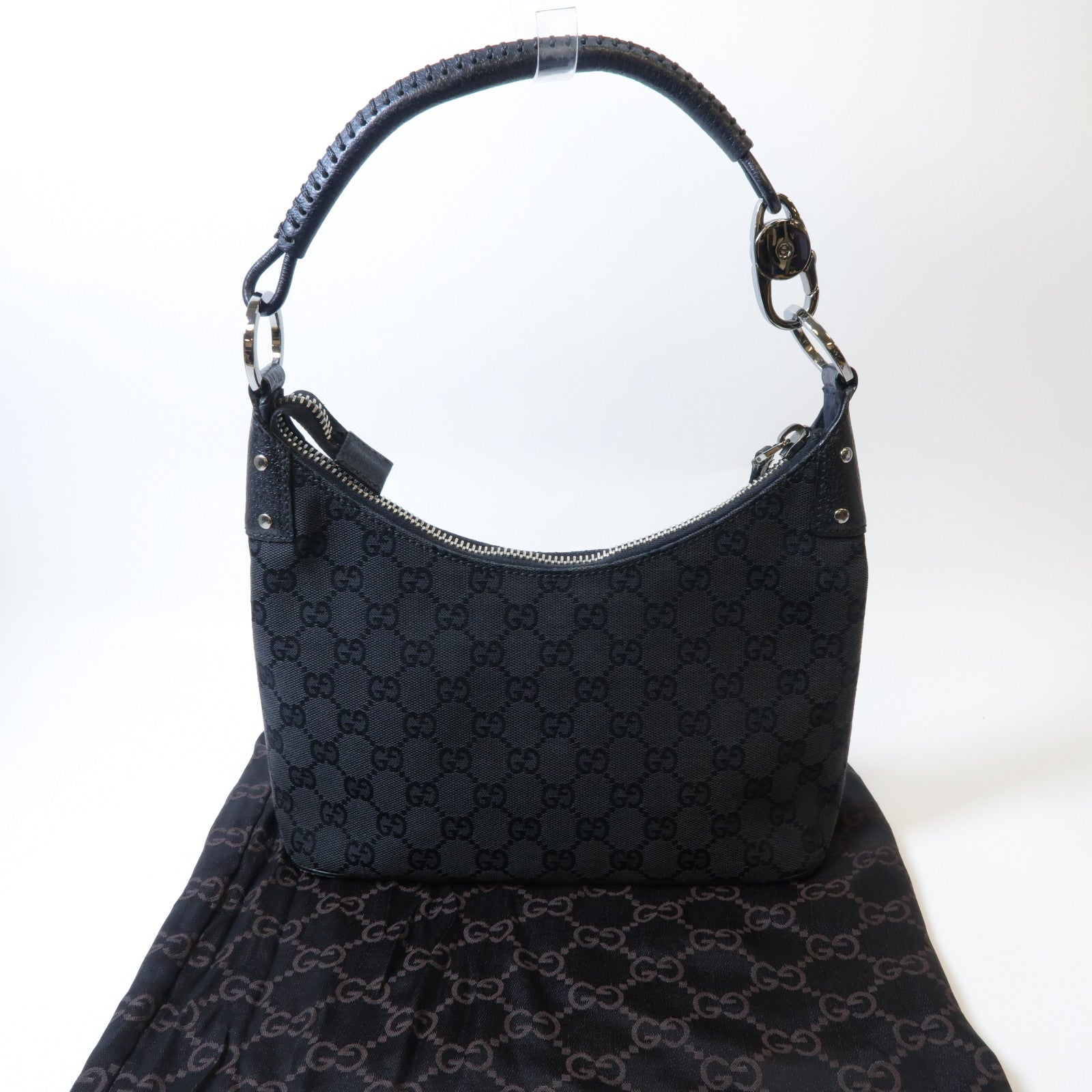 GUCCI 帆布Shoulder Bag銀扣肩背袋黑色