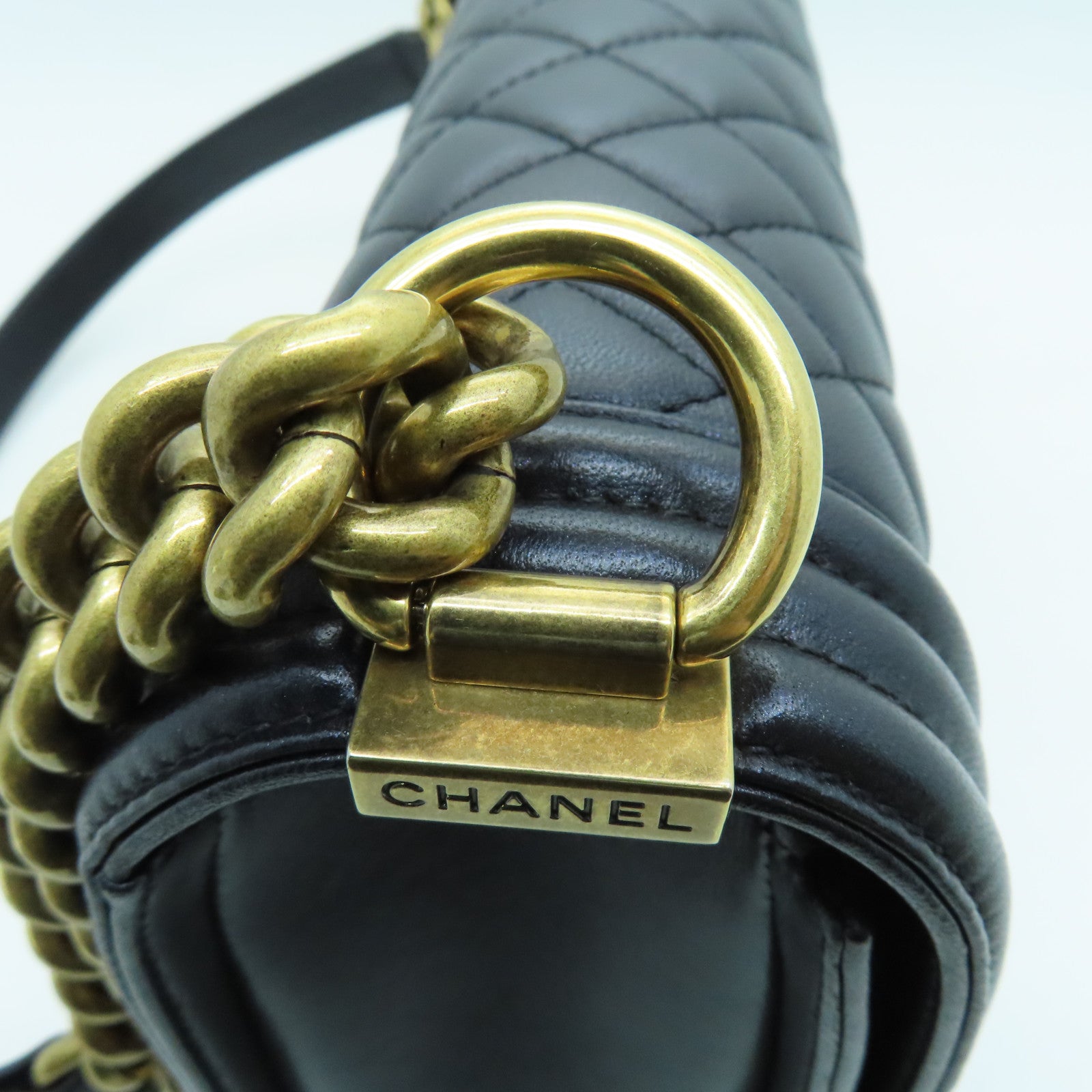 CHANEL Diamond Sheepskin Leather Boy 28cm Gold Buckle Shoulder Bag Black