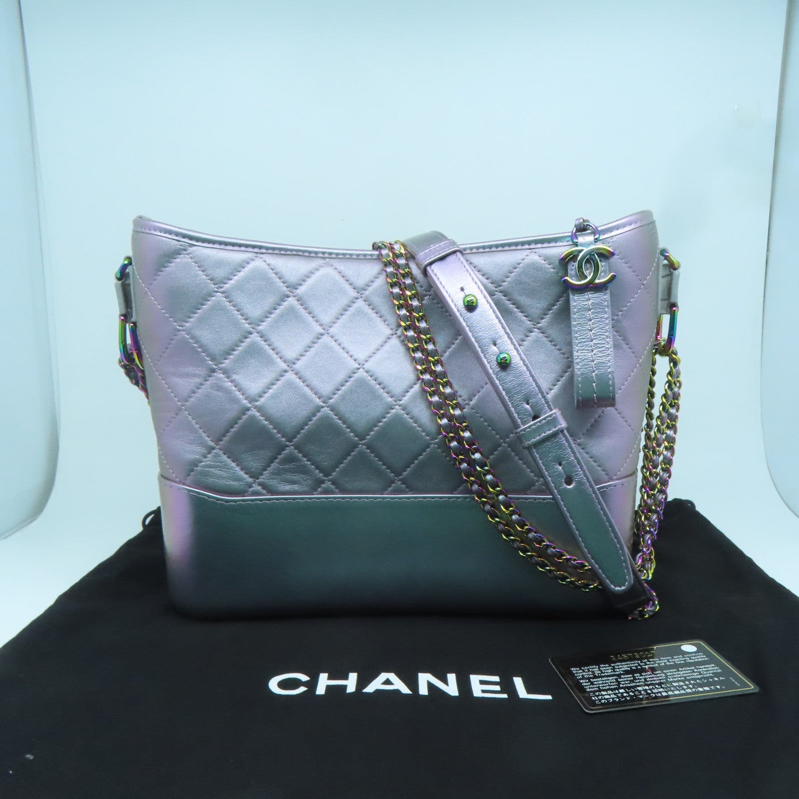 CHANEL 菱格牛皮皮革Gabrielle Large鏈帶肩背袋幻彩紫色