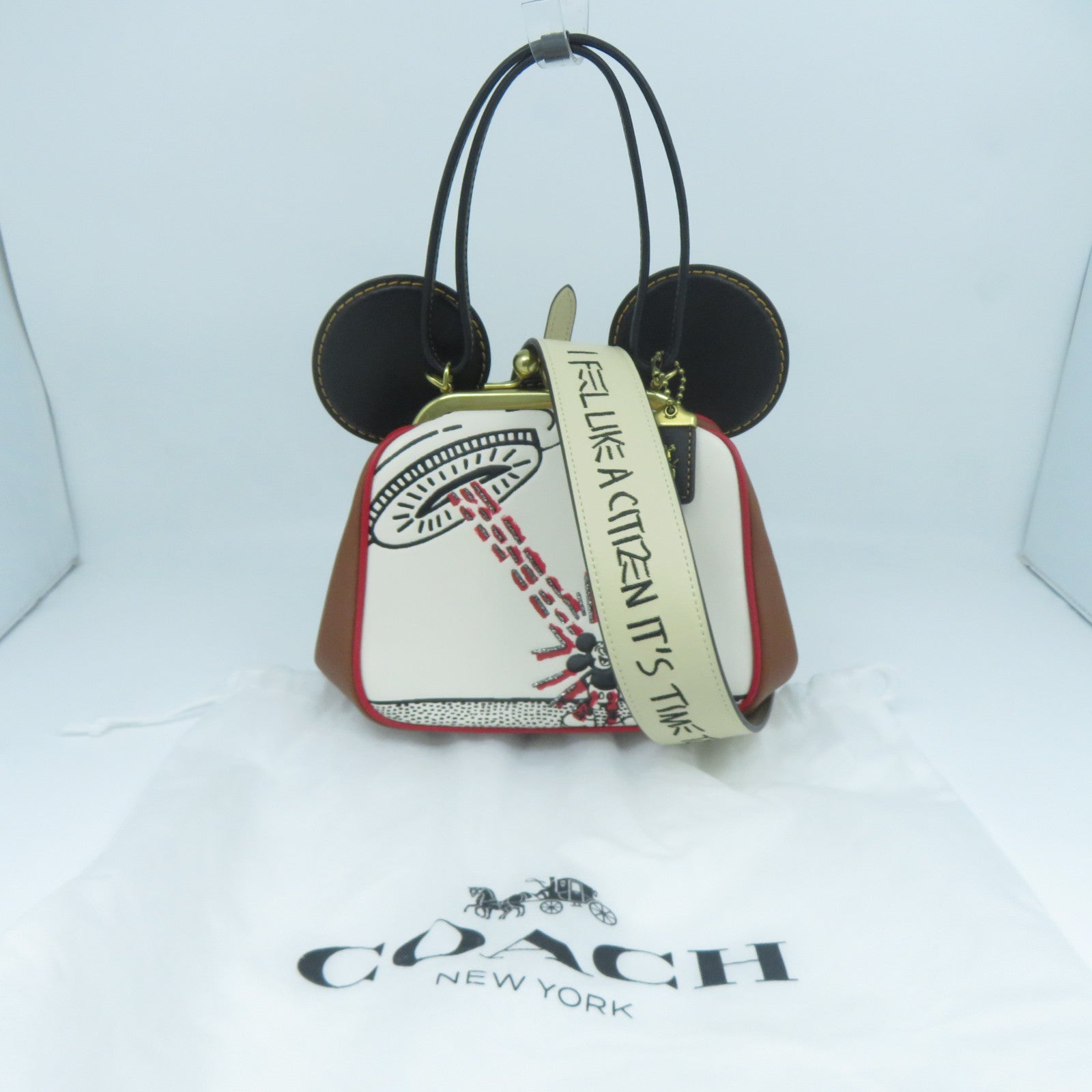 COACH 牛皮皮革Disney Mickey x Keith Haring UFO金扣手挽肩背兩用袋啡色/白色
