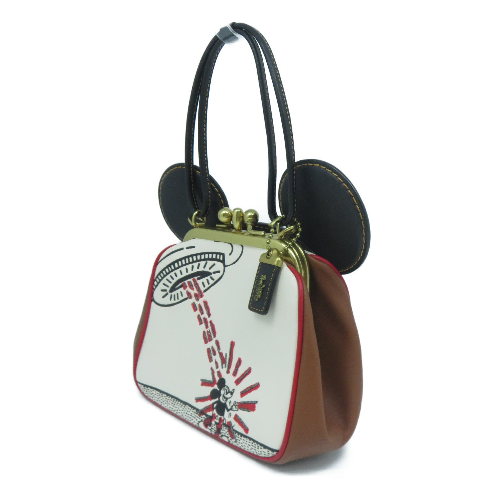 COACH 牛皮皮革Disney Mickey x Keith Haring UFO金扣手挽肩背兩用袋啡色/白色