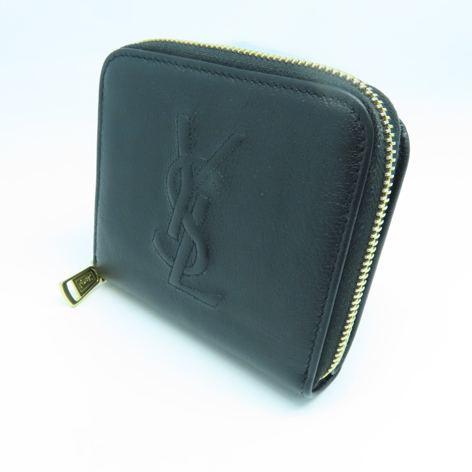 SAINT LAURENT Calfskin Leather Wallet Gold Buckle Wallet Black