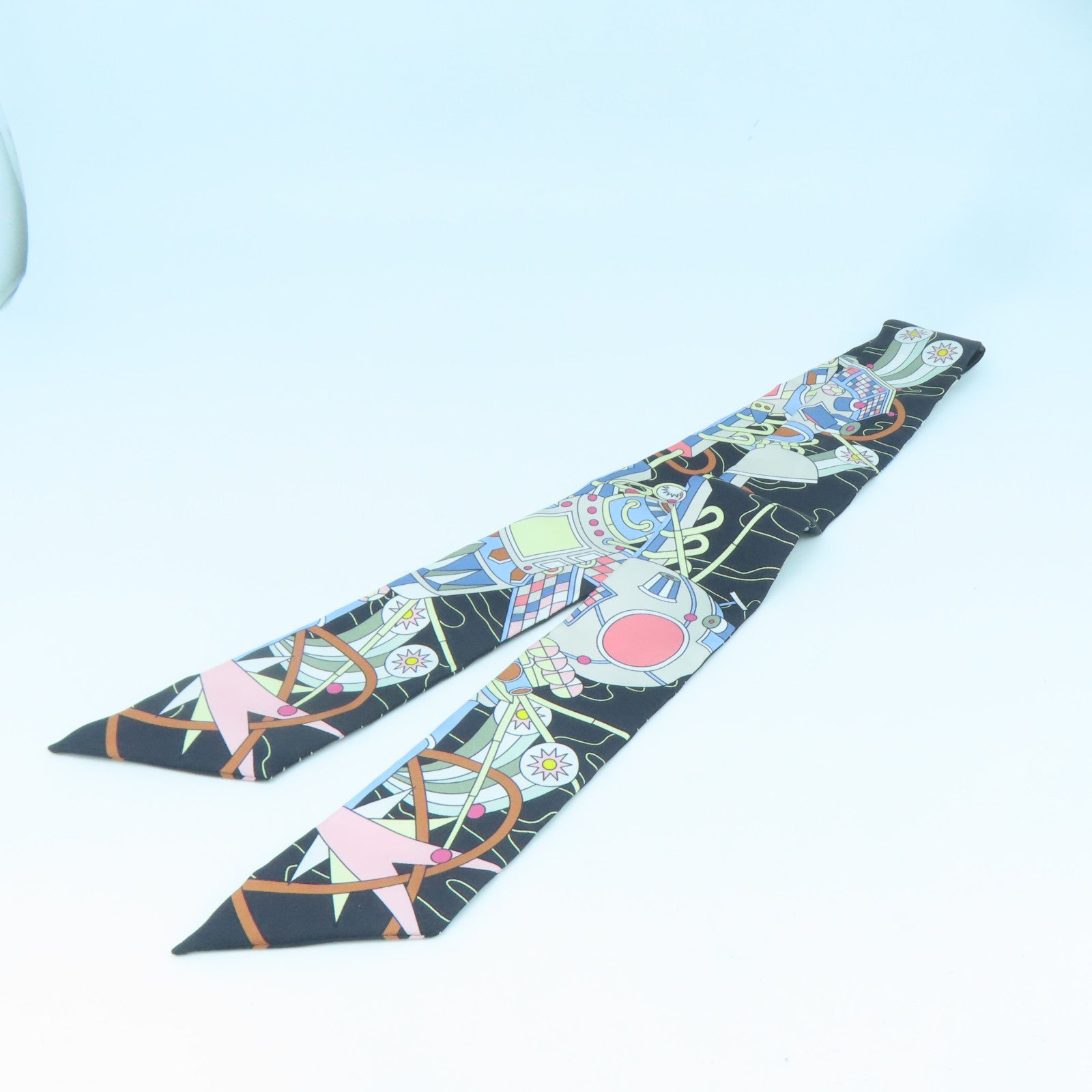 HERMES 絲質Twilly絲巾黑色/彩色