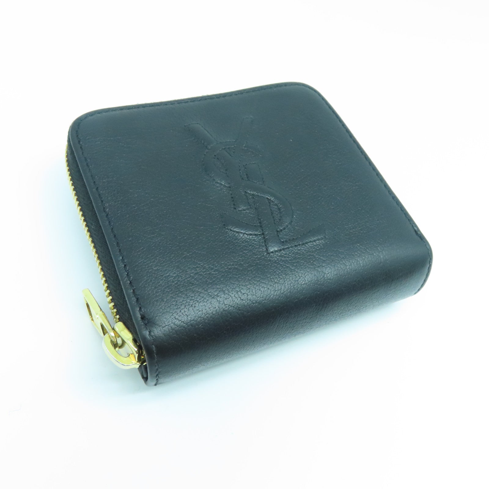 SAINT LAURENT Calfskin Leather Wallet Gold Buckle Wallet Black