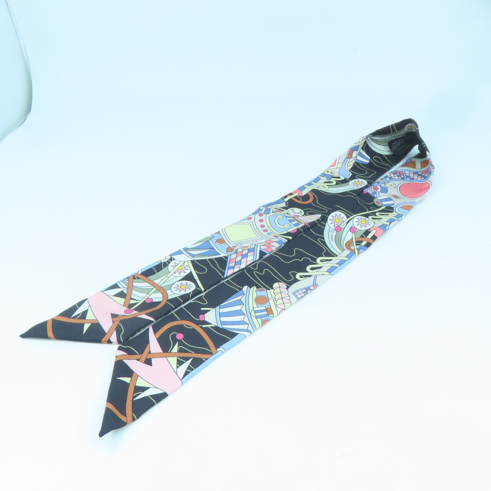 HERMES 絲質Twilly絲巾黑色/彩色