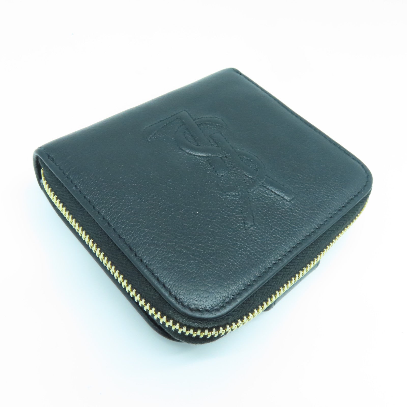 SAINT LAURENT Calfskin Leather Wallet Gold Buckle Wallet Black
