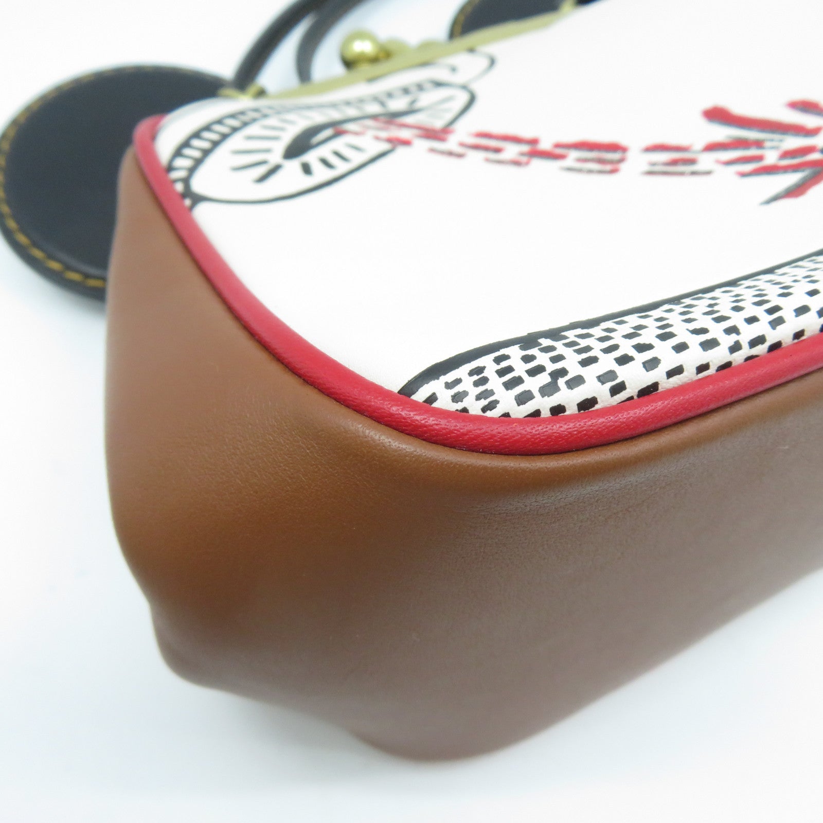 COACH 牛皮皮革Disney Mickey x Keith Haring UFO金扣手挽肩背兩用袋啡色/白色