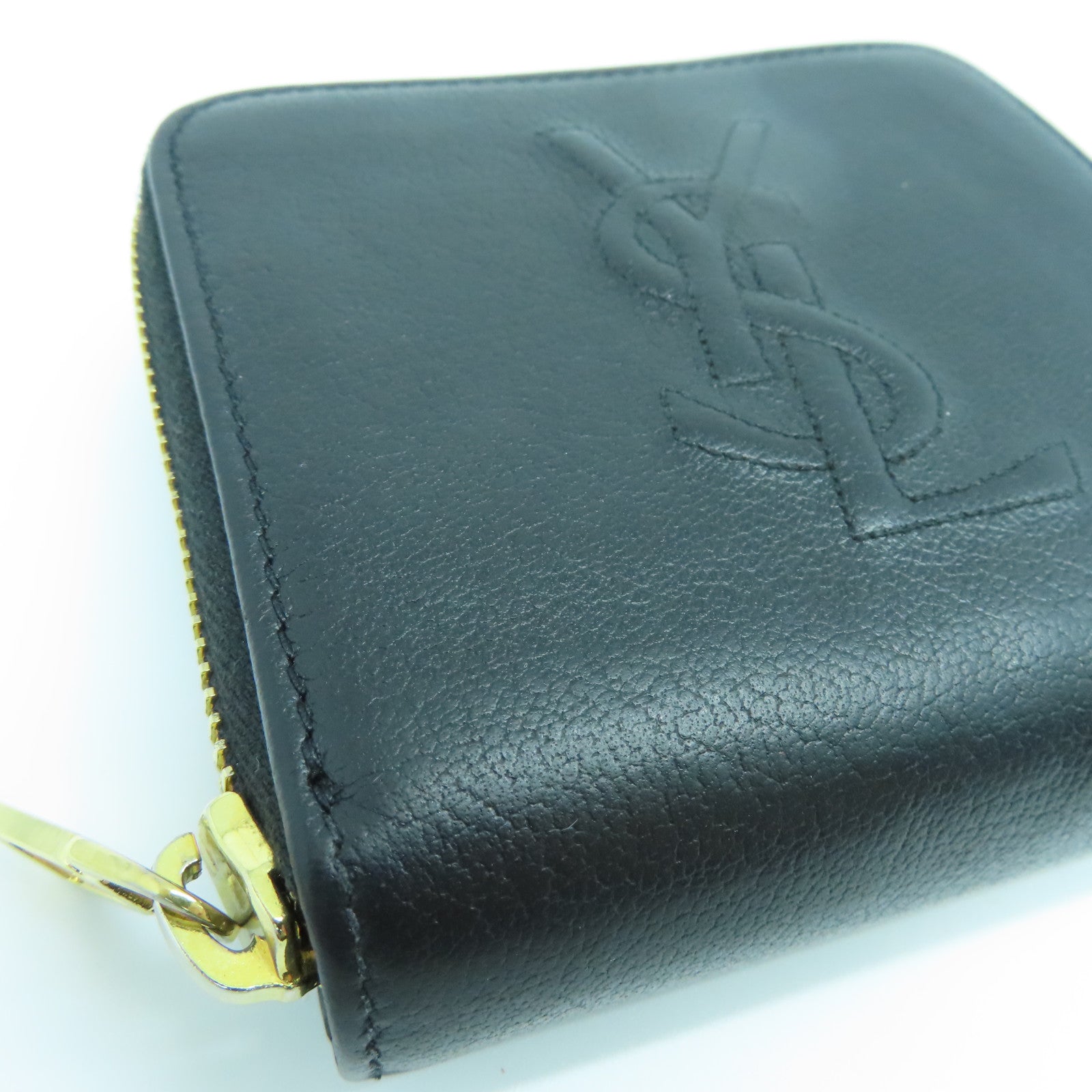 SAINT LAURENT Calfskin Leather Wallet Gold Buckle Wallet Black