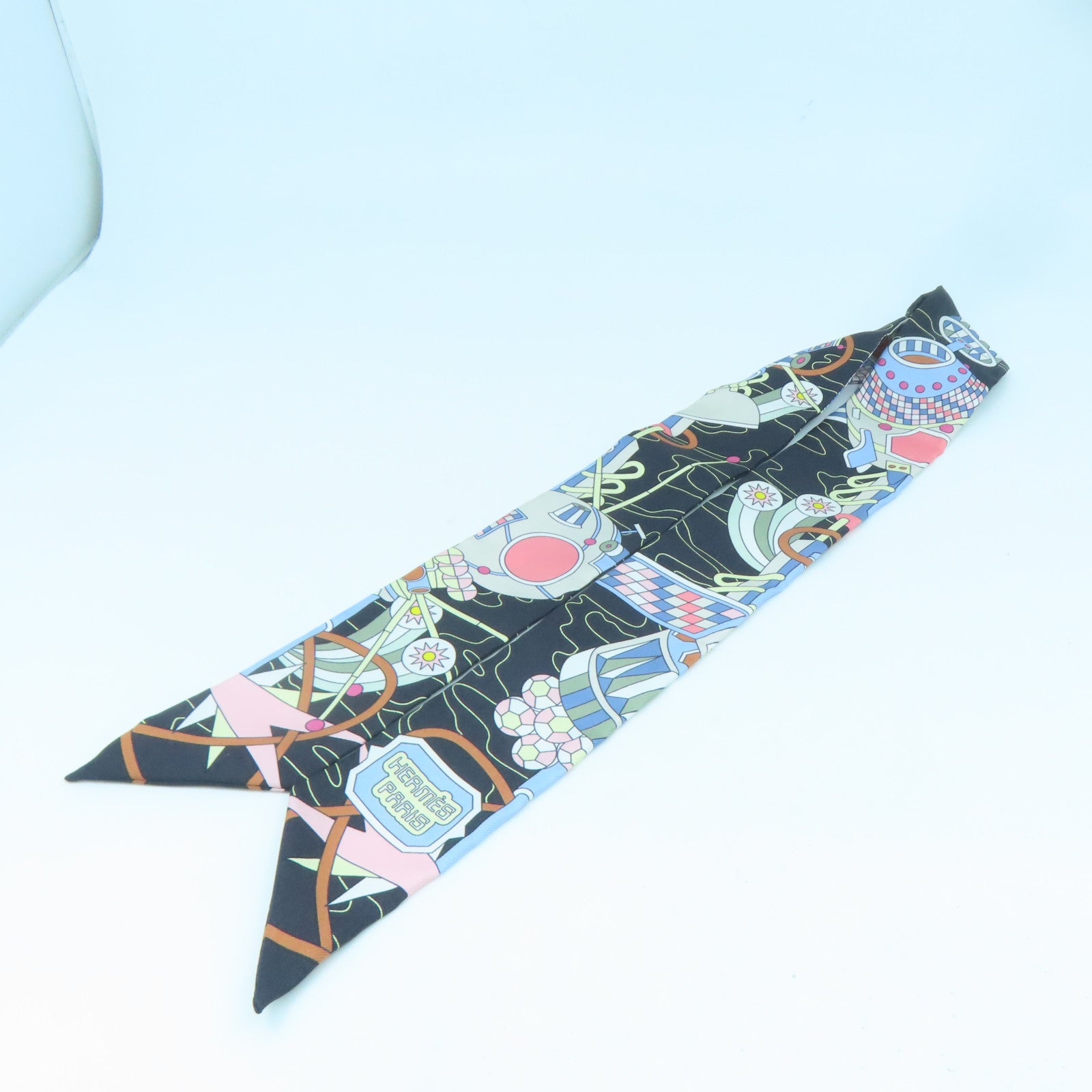 HERMES 絲質Twilly絲巾黑色/彩色