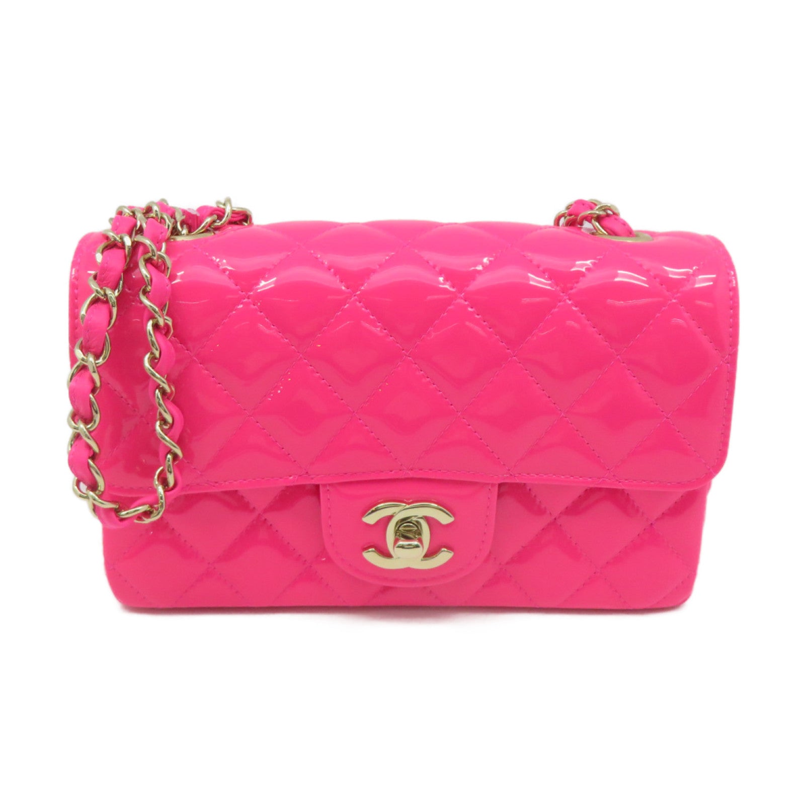 CHANEL 菱格漆皮皮革Chain Shoulder Bag金扣鏈帶肩背袋粉紅色