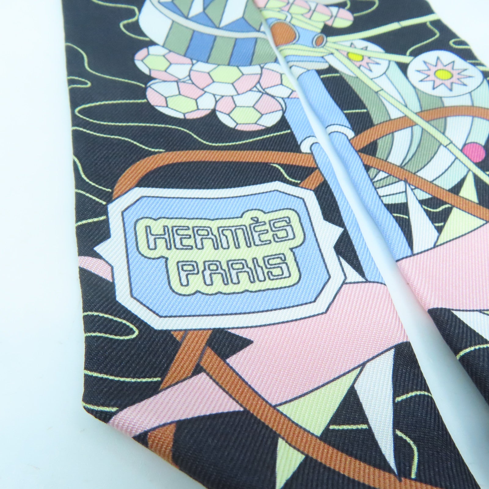 HERMES 絲質Twilly絲巾黑色/彩色