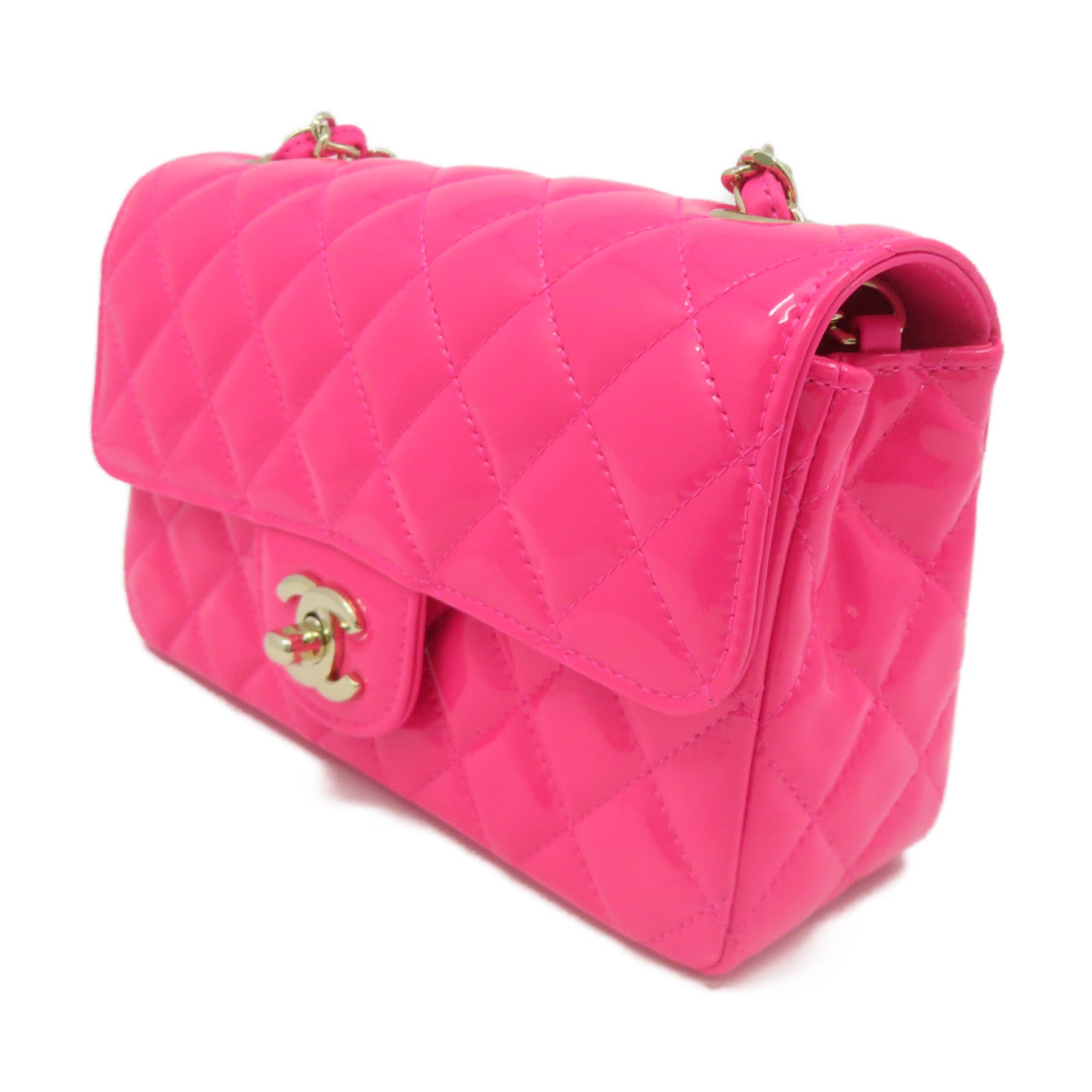 CHANEL 菱格漆皮皮革Chain Shoulder Bag金扣鏈帶肩背袋粉紅色