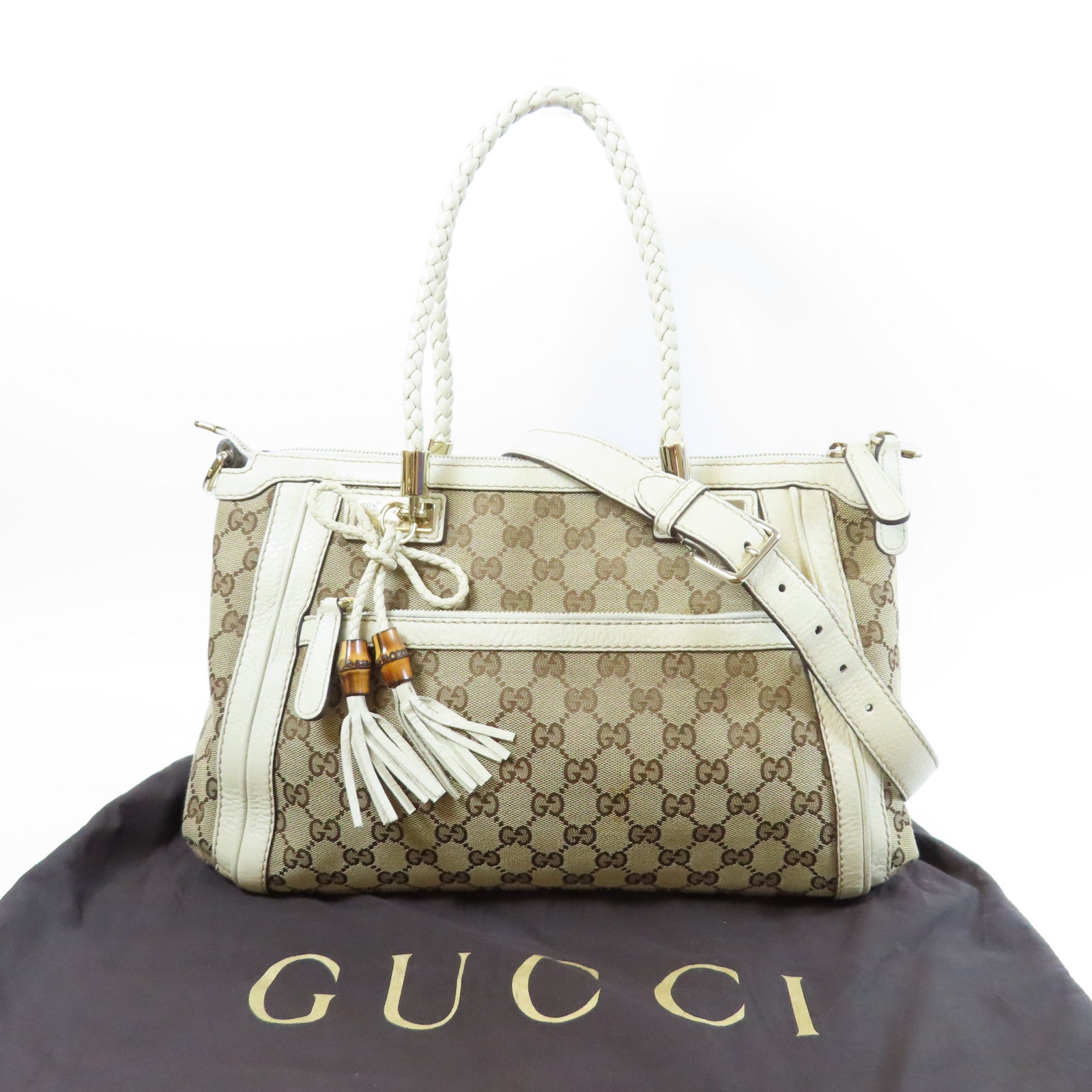 GUCCI 帆布/皮革2 Way Shoulder金扣手挽肩背兩用袋白色/啡色