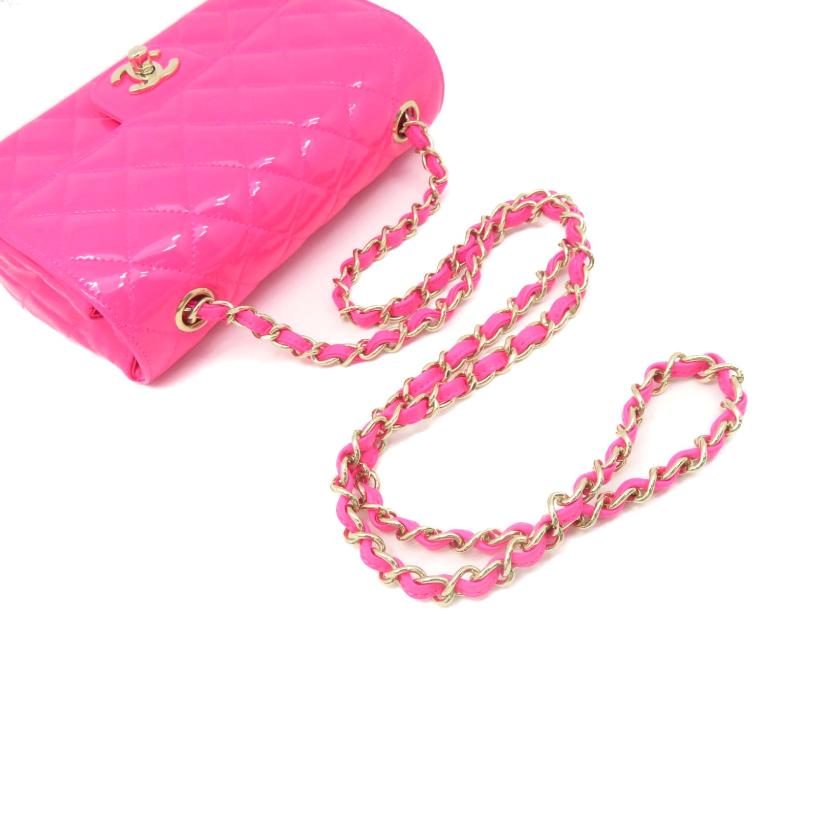 CHANEL 菱格漆皮皮革Chain Shoulder Bag金扣鏈帶肩背袋粉紅色