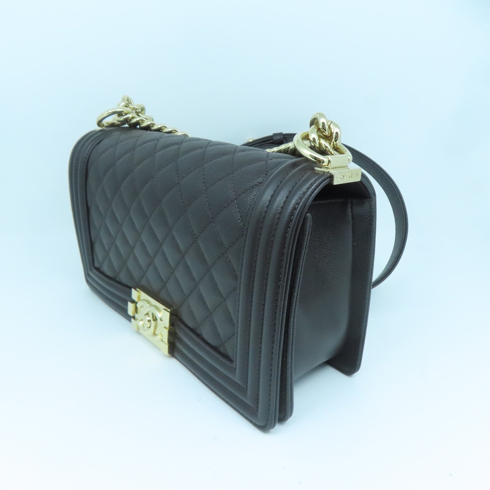 CHANEL 菱格Caviar皮革Boy 25金扣链带肩背袋啡色