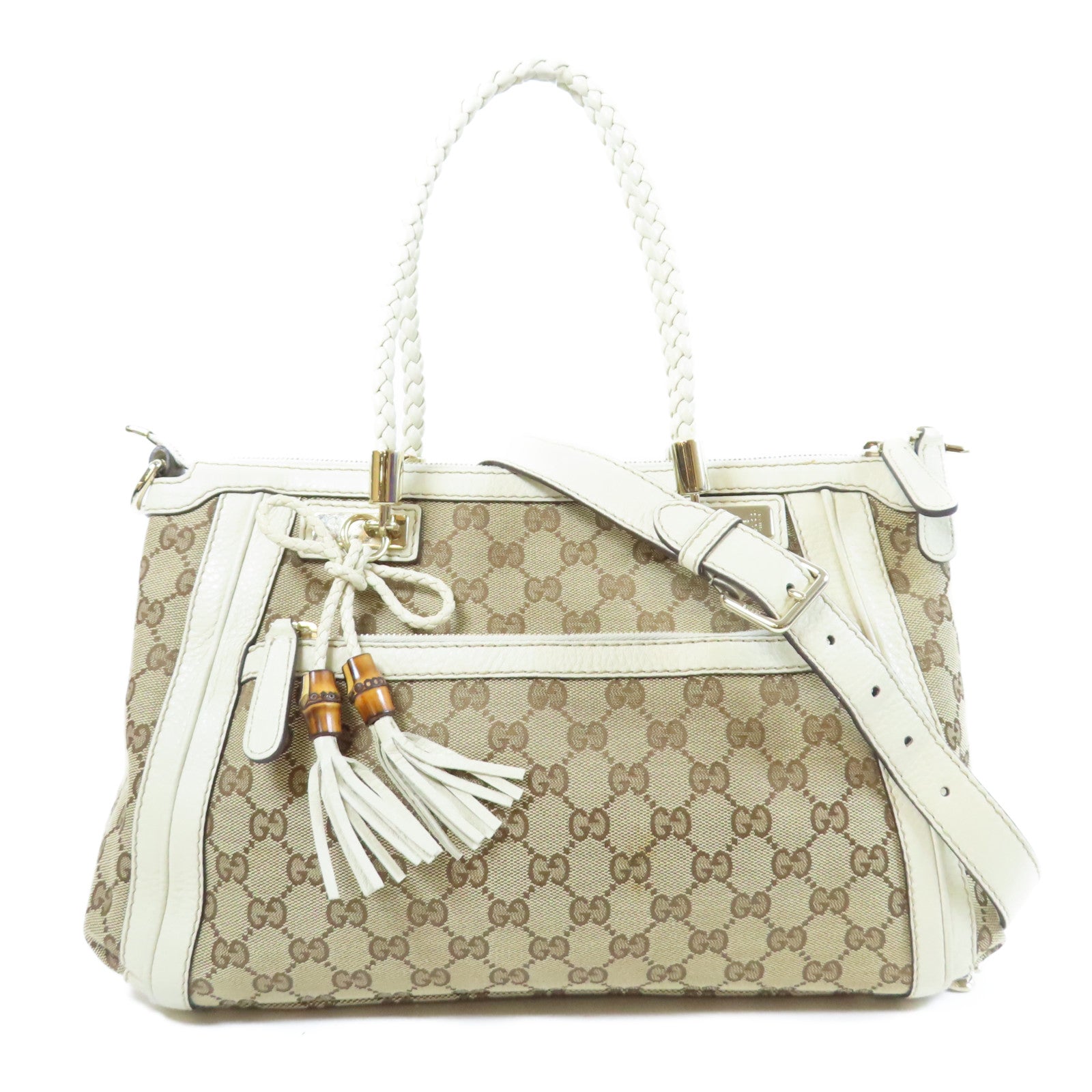 GUCCI 帆布/皮革2 Way Shoulder金扣手挽肩背兩用袋白色/啡色