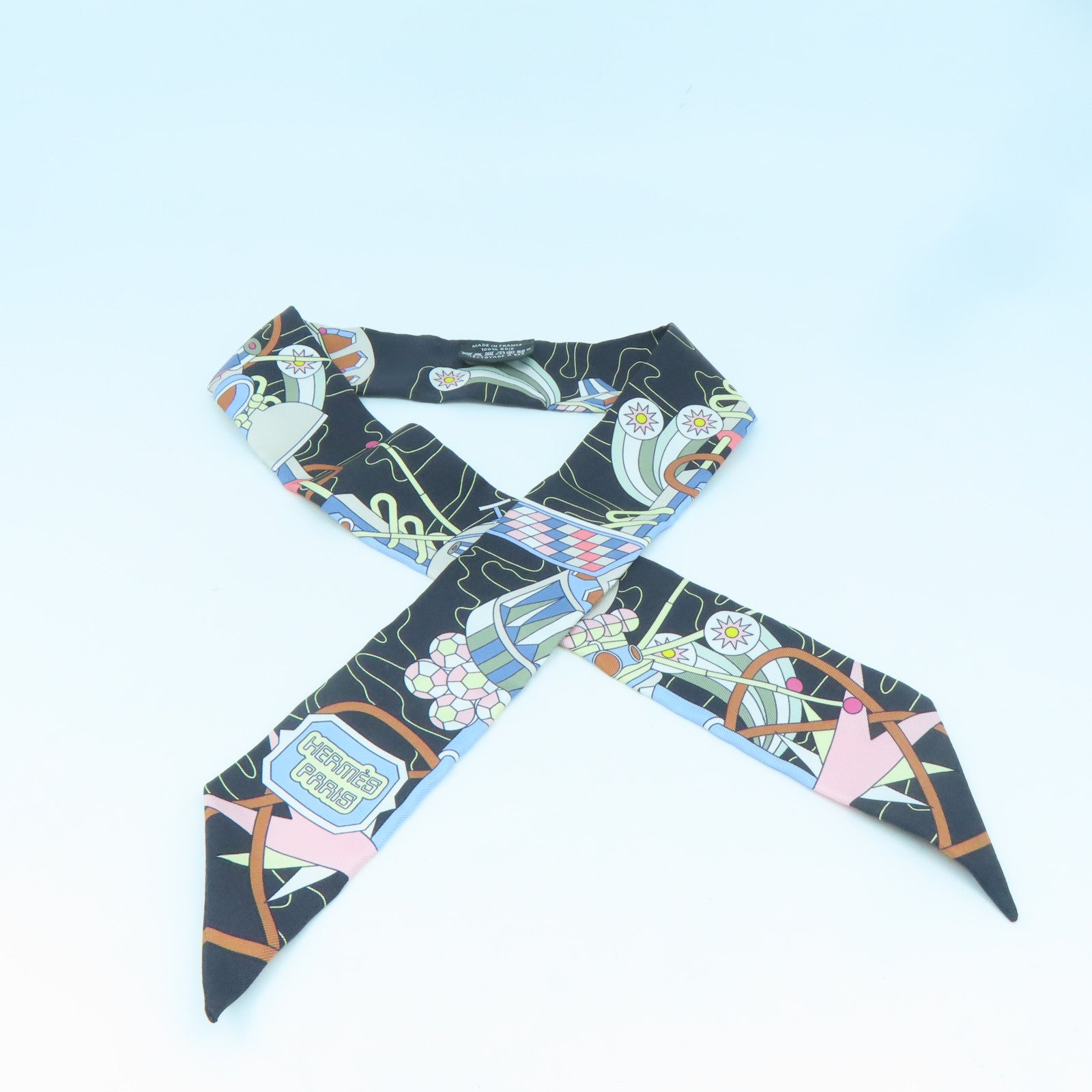 HERMES 絲質Twilly絲巾黑色/彩色