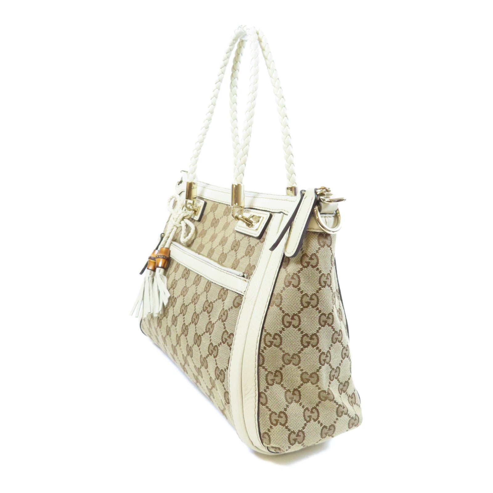 GUCCI 帆布/皮革2 Way Shoulder金扣手挽肩背兩用袋白色/啡色