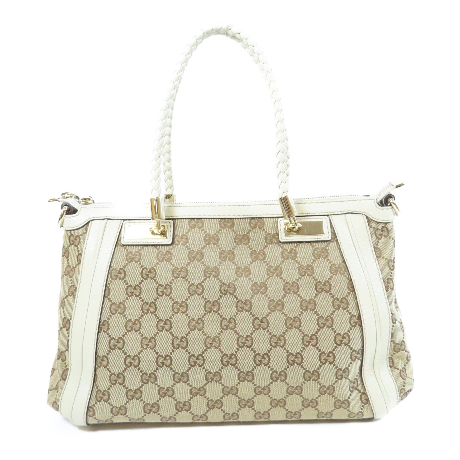 GUCCI 帆布/皮革2 Way Shoulder金扣手挽肩背兩用袋白色/啡色