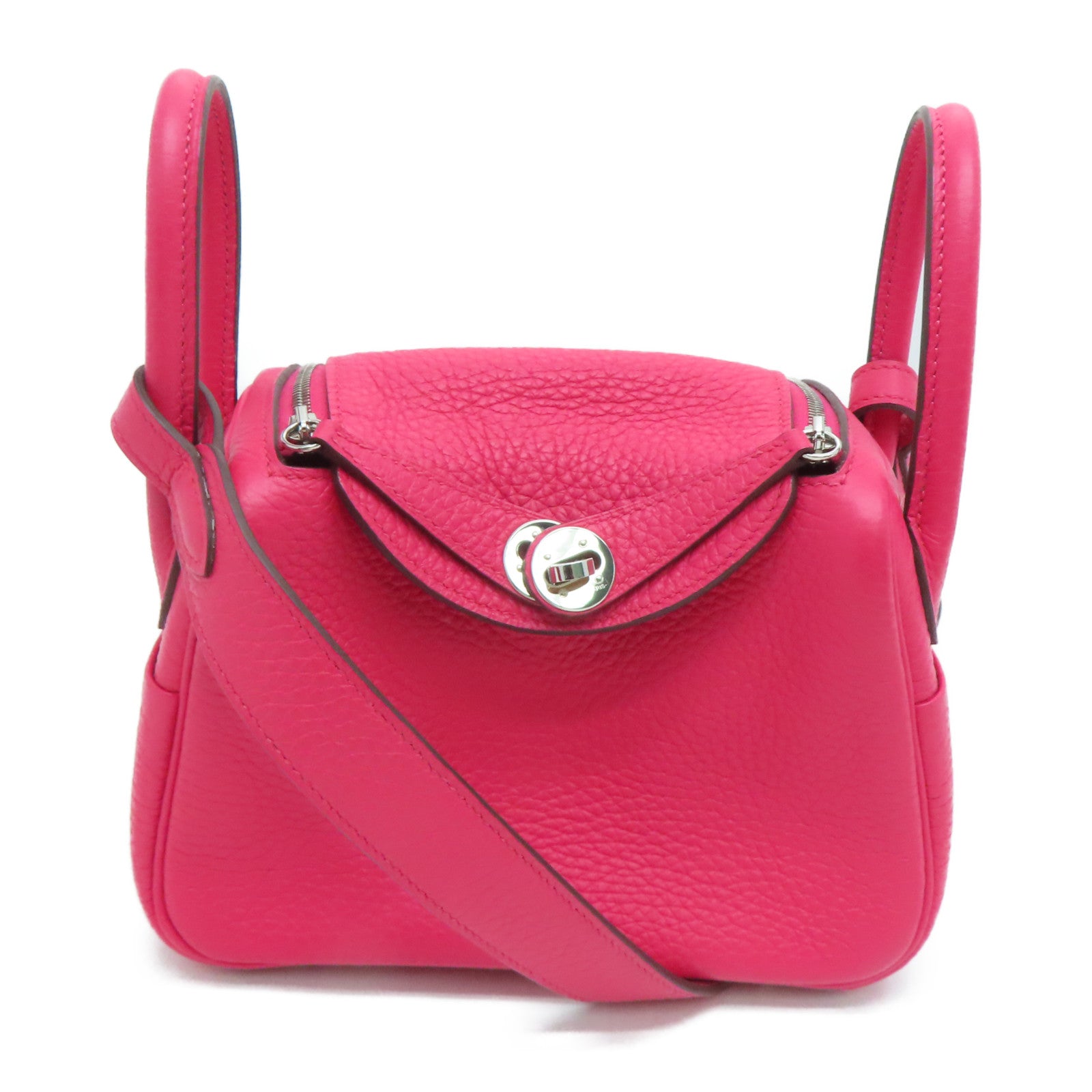 HERMES Clemence皮革Mini Lindy银扣肩背袋玉兰粉
