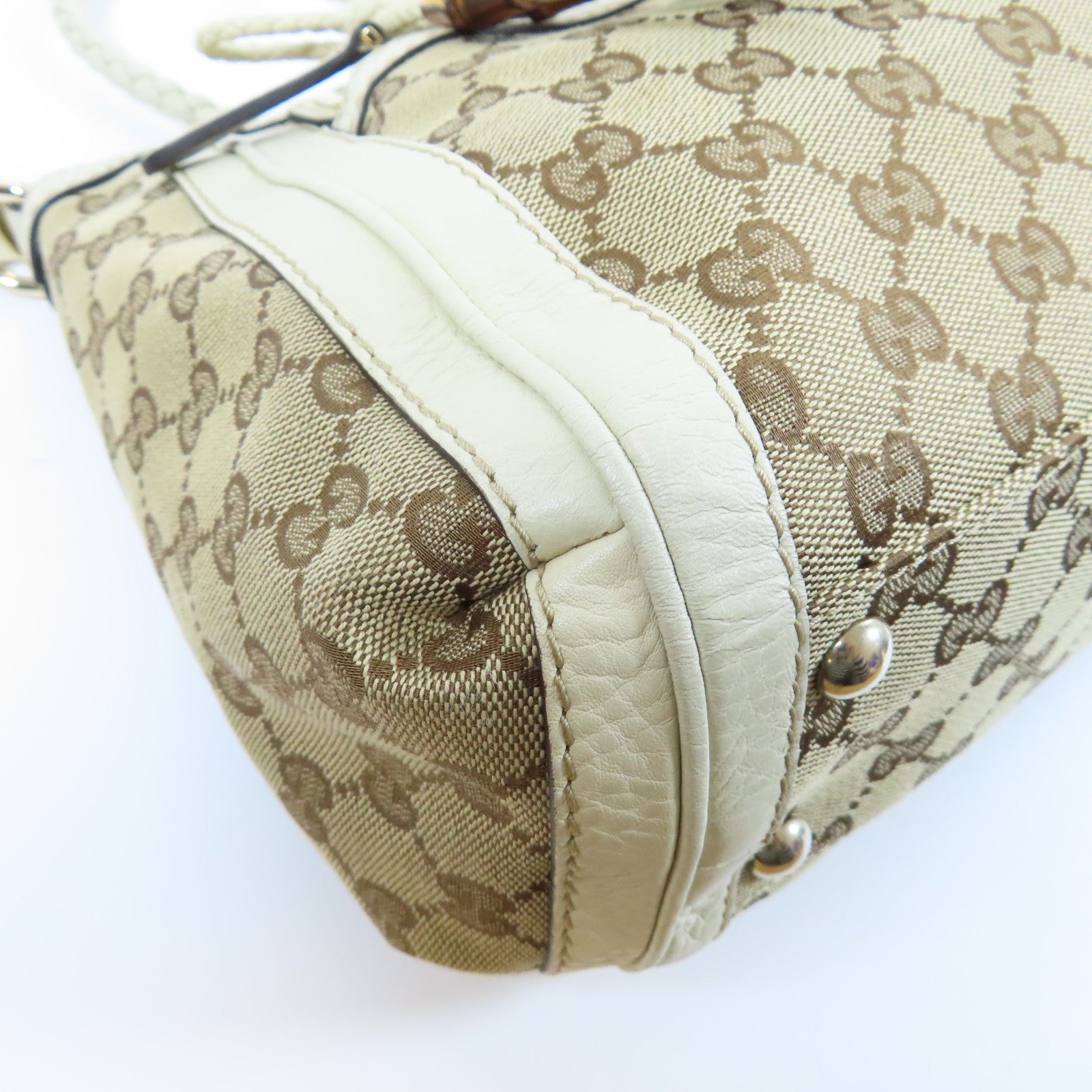 GUCCI 帆布/皮革2 Way Shoulder金扣手挽肩背兩用袋白色/啡色