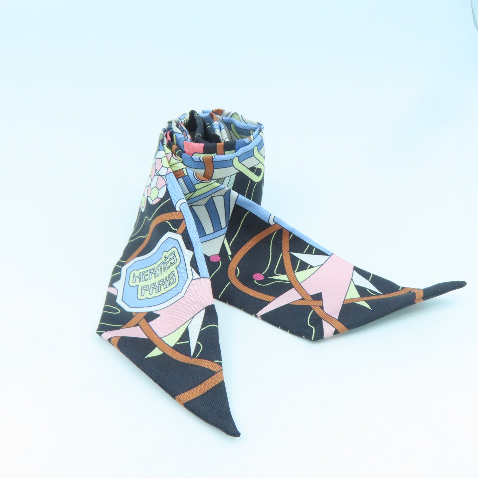 HERMES 絲質Twilly絲巾黑色/彩色