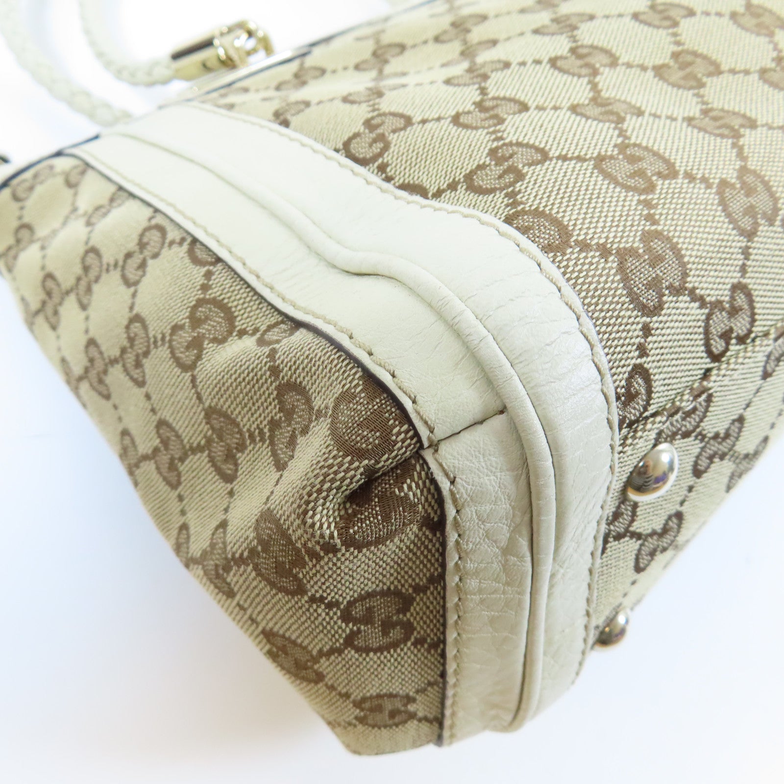 GUCCI 帆布/皮革2 Way Shoulder金扣手挽肩背兩用袋白色/啡色