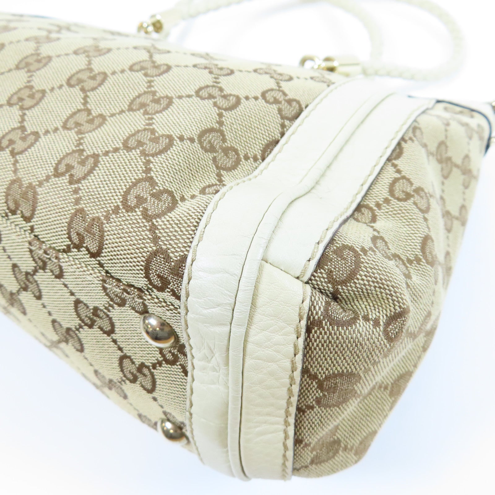 GUCCI 帆布/皮革2 Way Shoulder金扣手挽肩背兩用袋白色/啡色