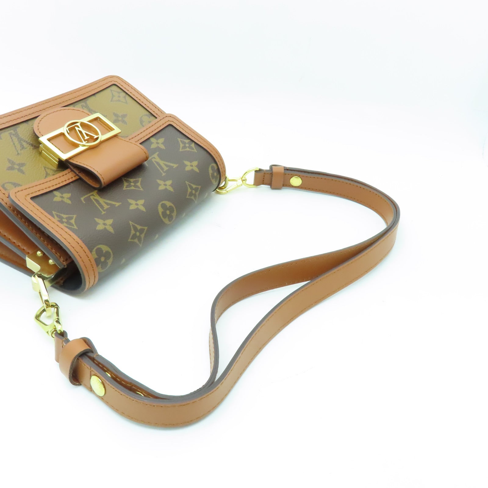 LOUIS VUITTON Monogram Reverse Mini Dauphine金扣肩背袋棕色