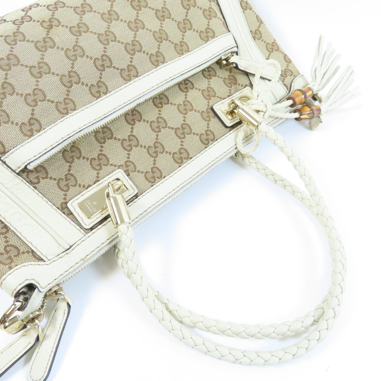 GUCCI 帆布/皮革2 Way Shoulder金扣手挽肩背兩用袋白色/啡色