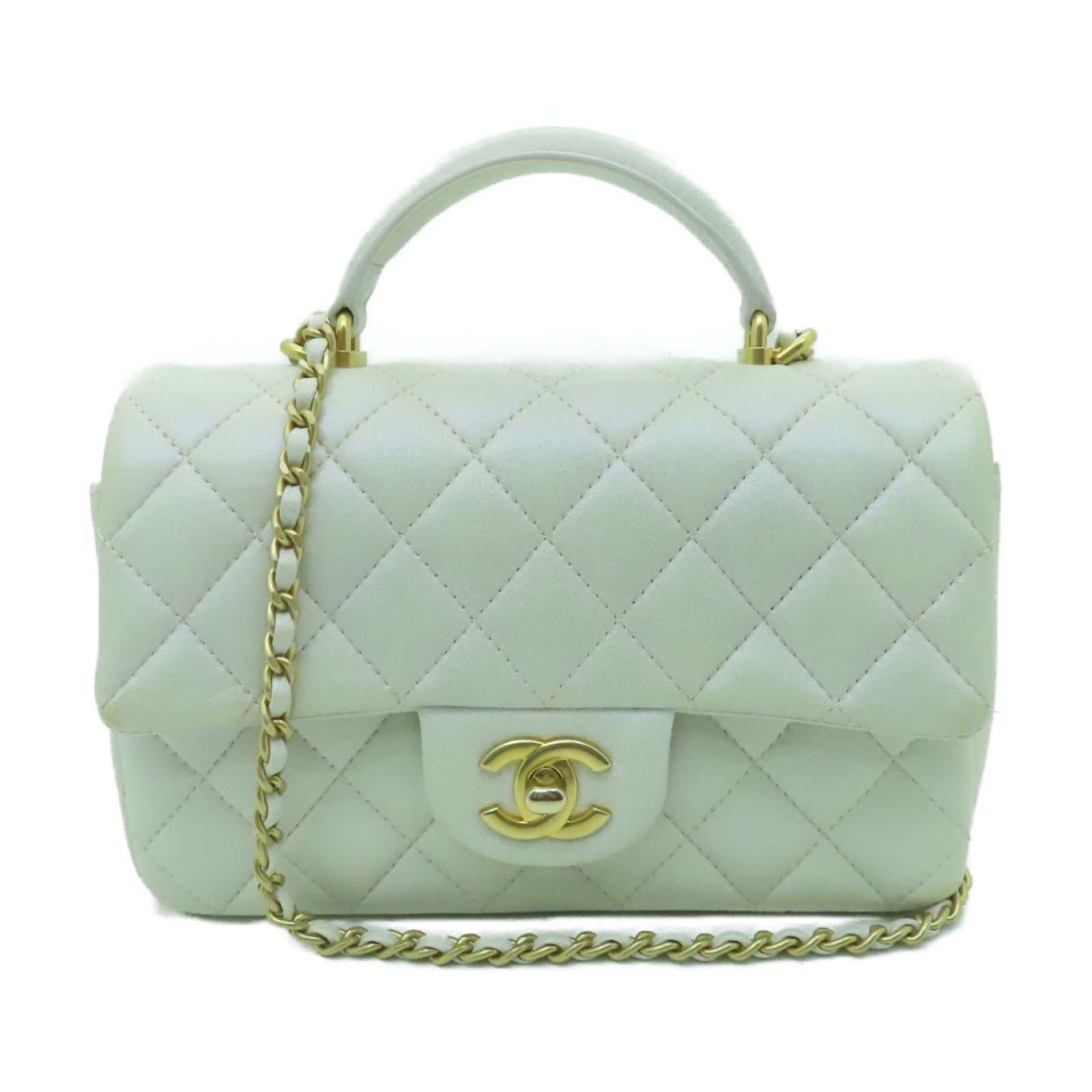 CHANEL 菱格羊皮皮革Chain Shoulder Bag金扣鏈帶手挽肩背兩用袋白色