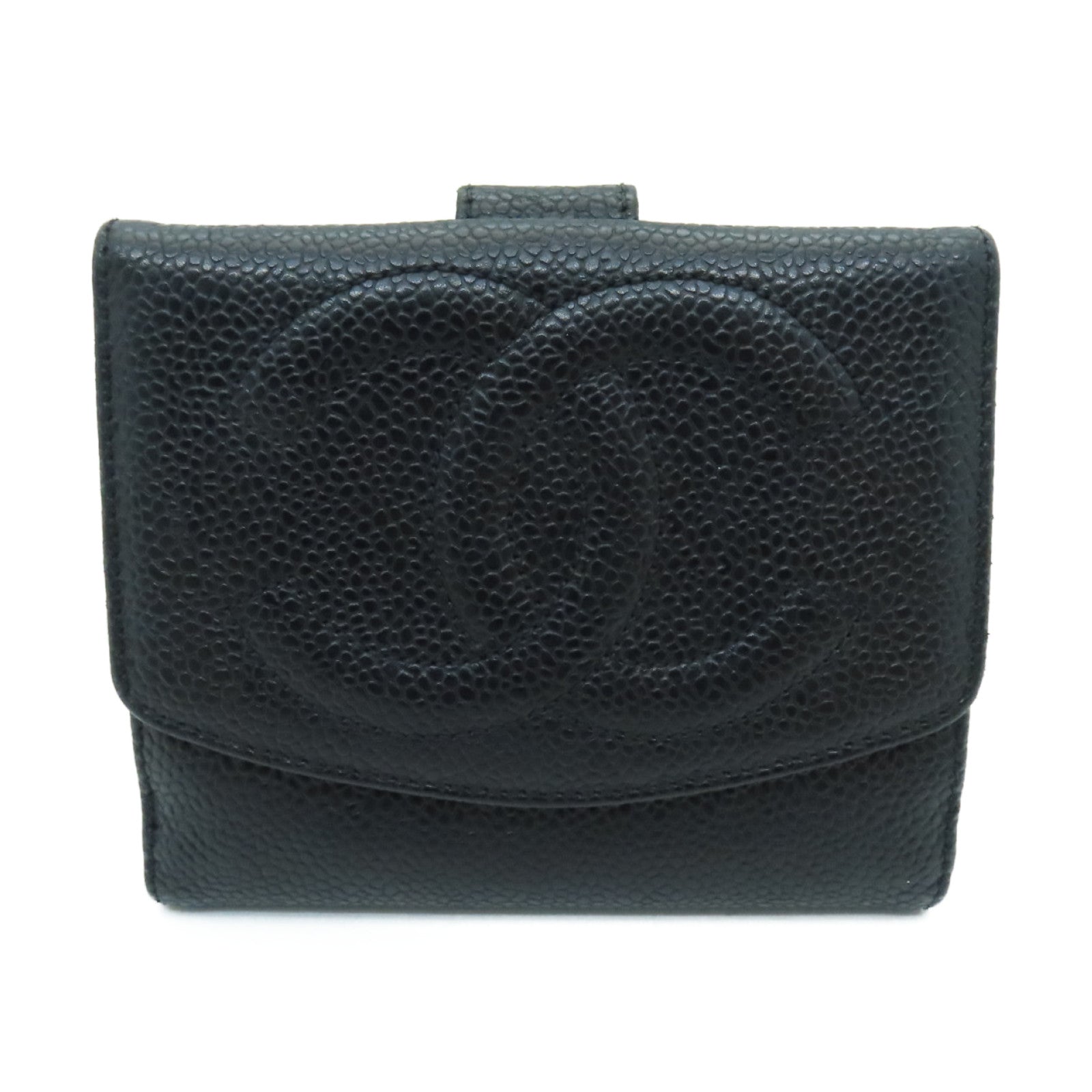 CHANEL Caviar Leather Vitage Wallet Silver Buckle Wallet Black