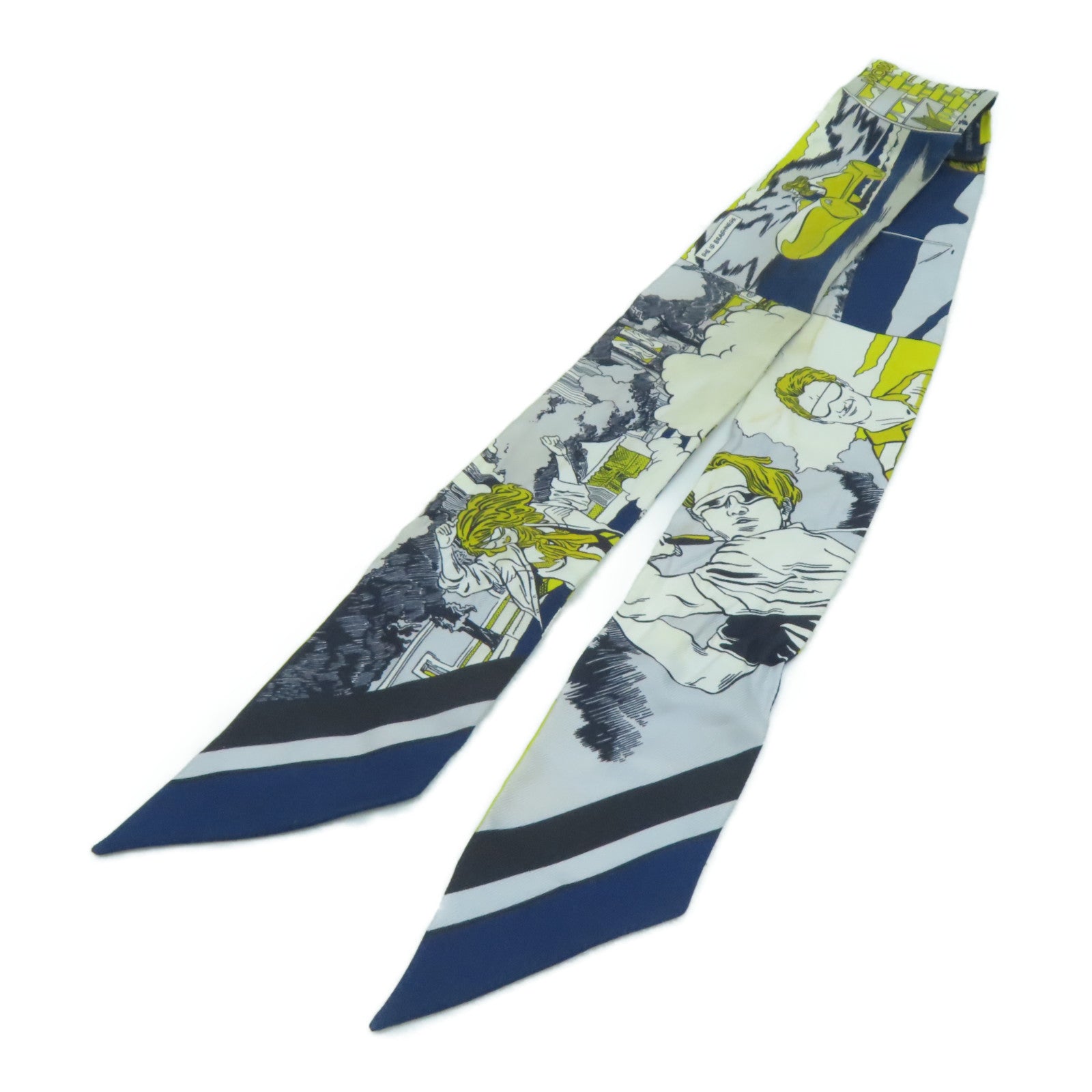 HERMES 絲質Twilly絲巾黃色/灰色