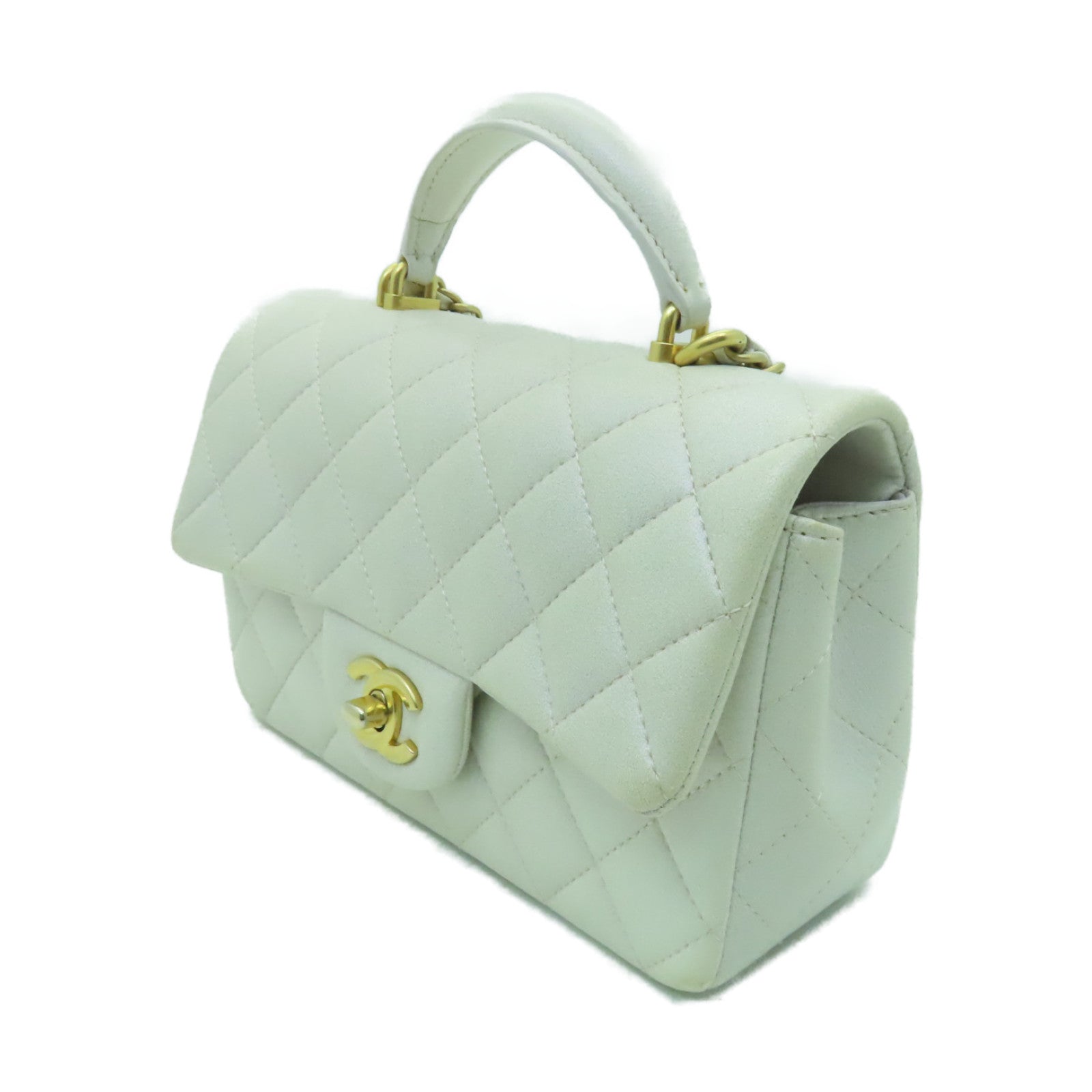 CHANEL 菱格羊皮皮革Chain Shoulder Bag金扣鏈帶手挽肩背兩用袋白色