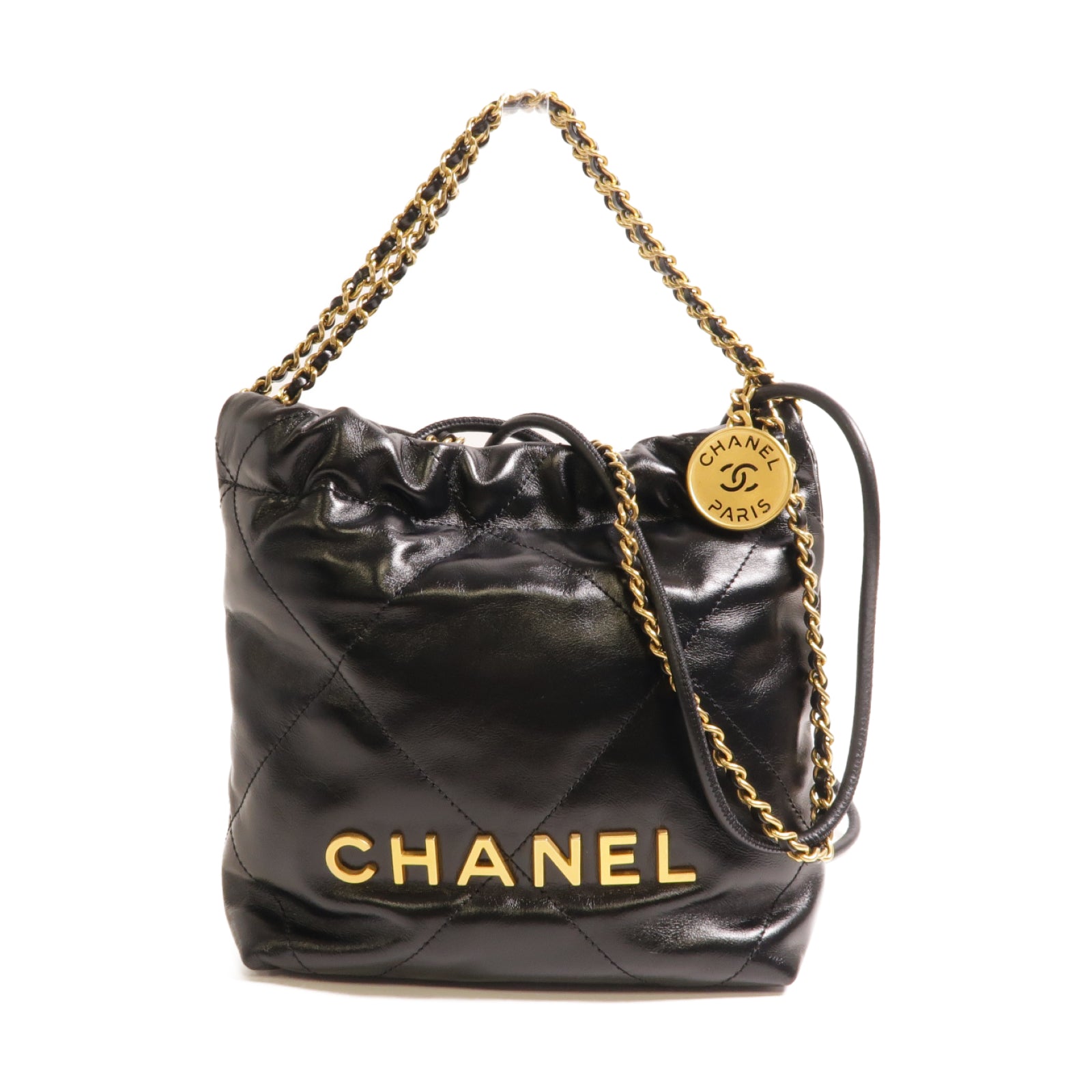 CHANEL 菱格牛皮皮革Mini 22金扣鏈帶手挽肩背兩用袋黑色
