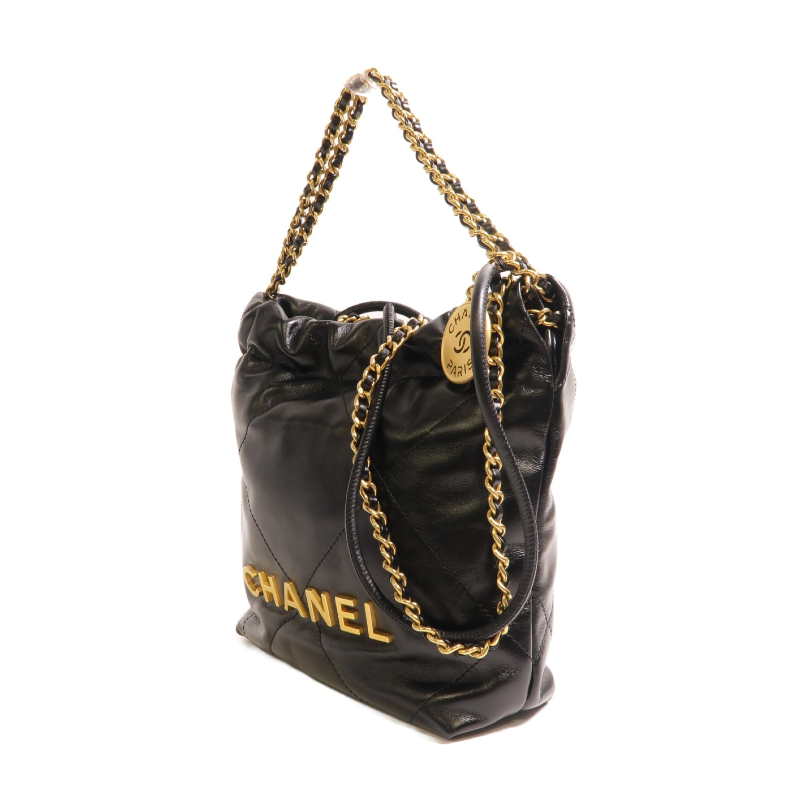 CHANEL 菱格牛皮皮革Mini 22金扣鏈帶手挽肩背兩用袋黑色