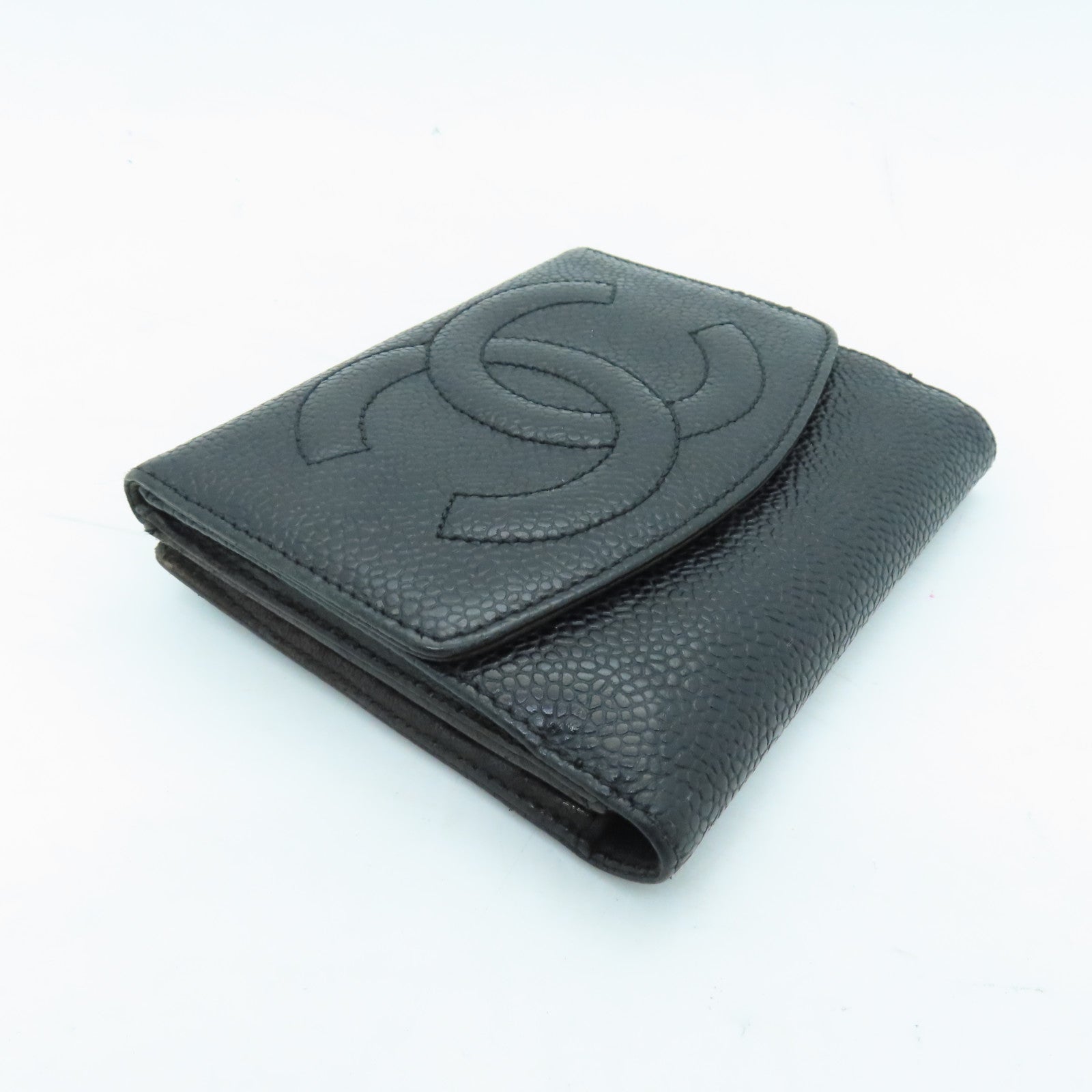 CHANEL Caviar Leather Vitage Wallet Silver Buckle Wallet Black