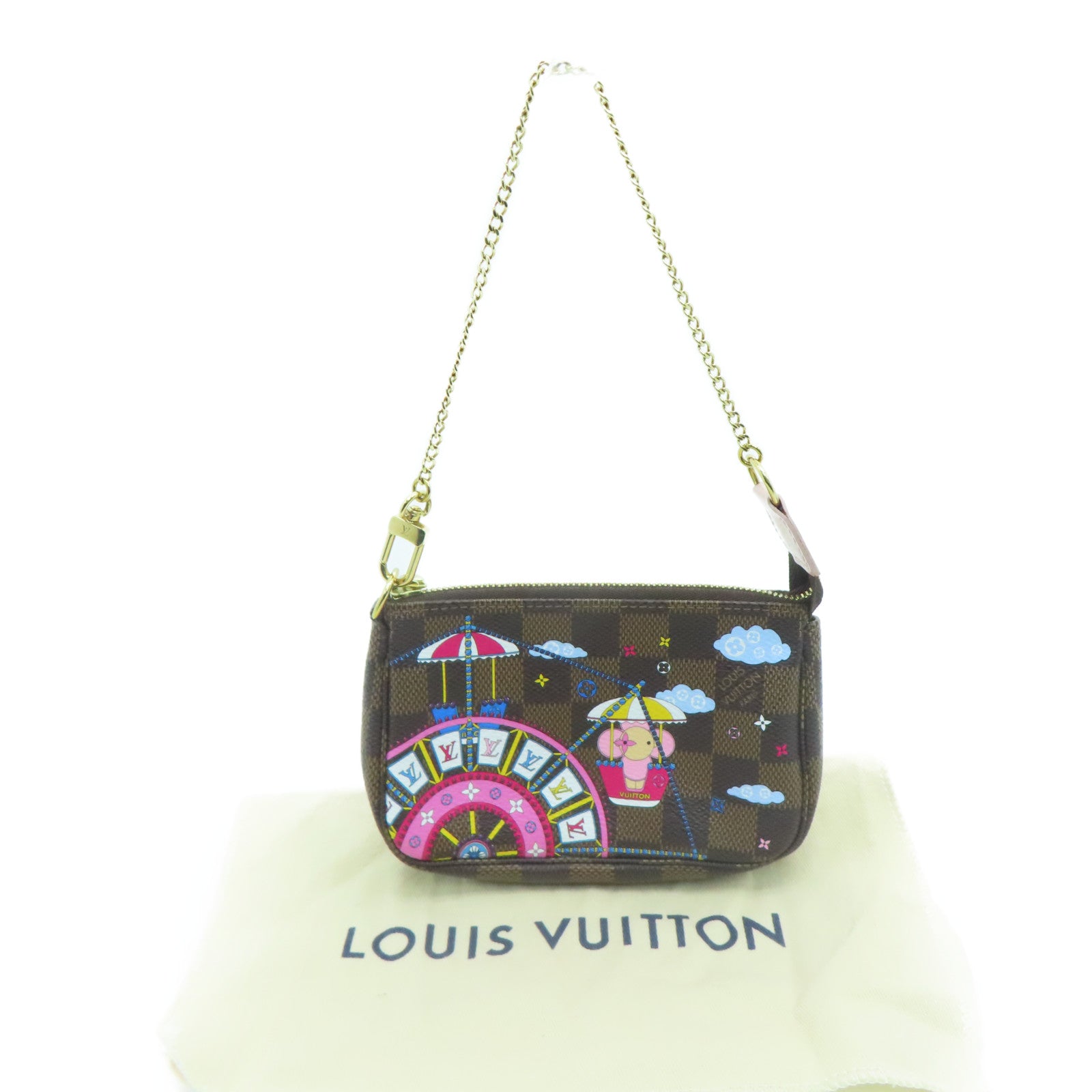 LOUIS VUITTON Damier Mini Pochette Pouch Gold Buckle Clutch Brown