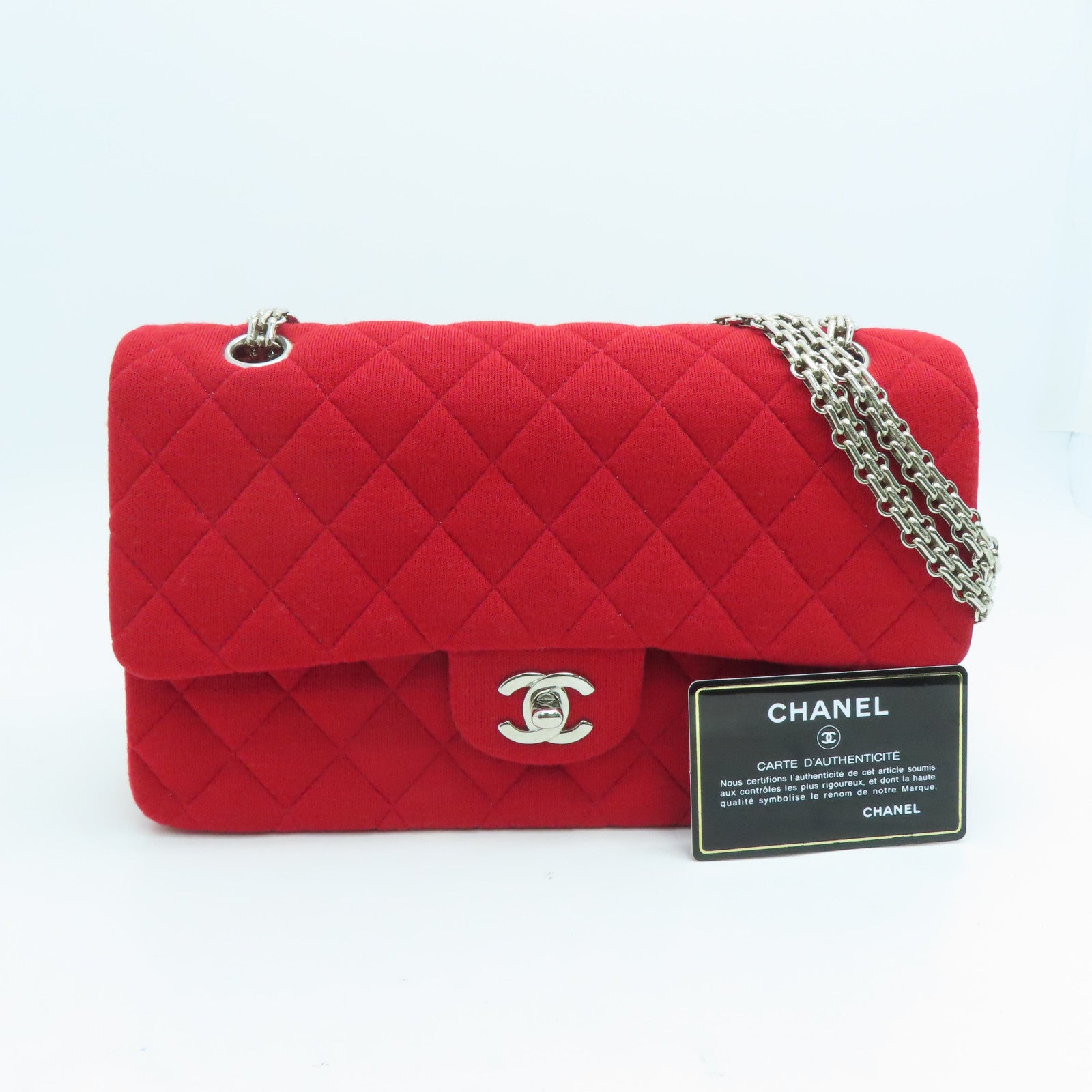 CHANEL 【激減優惠】菱格帆布Chain Shoulder Bag銀扣鏈帶肩背袋紅色
