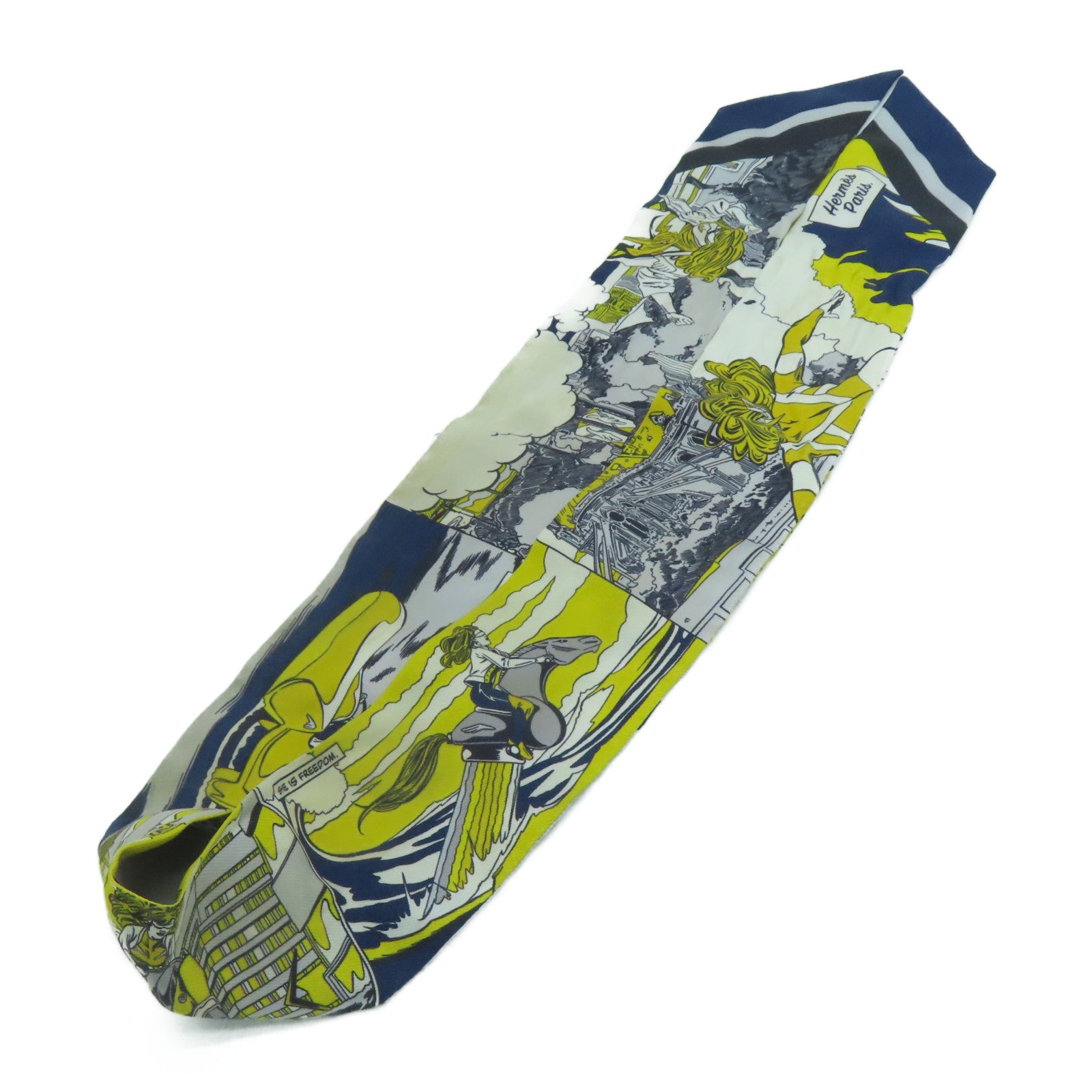 HERMES 絲質Twilly絲巾黃色/灰色