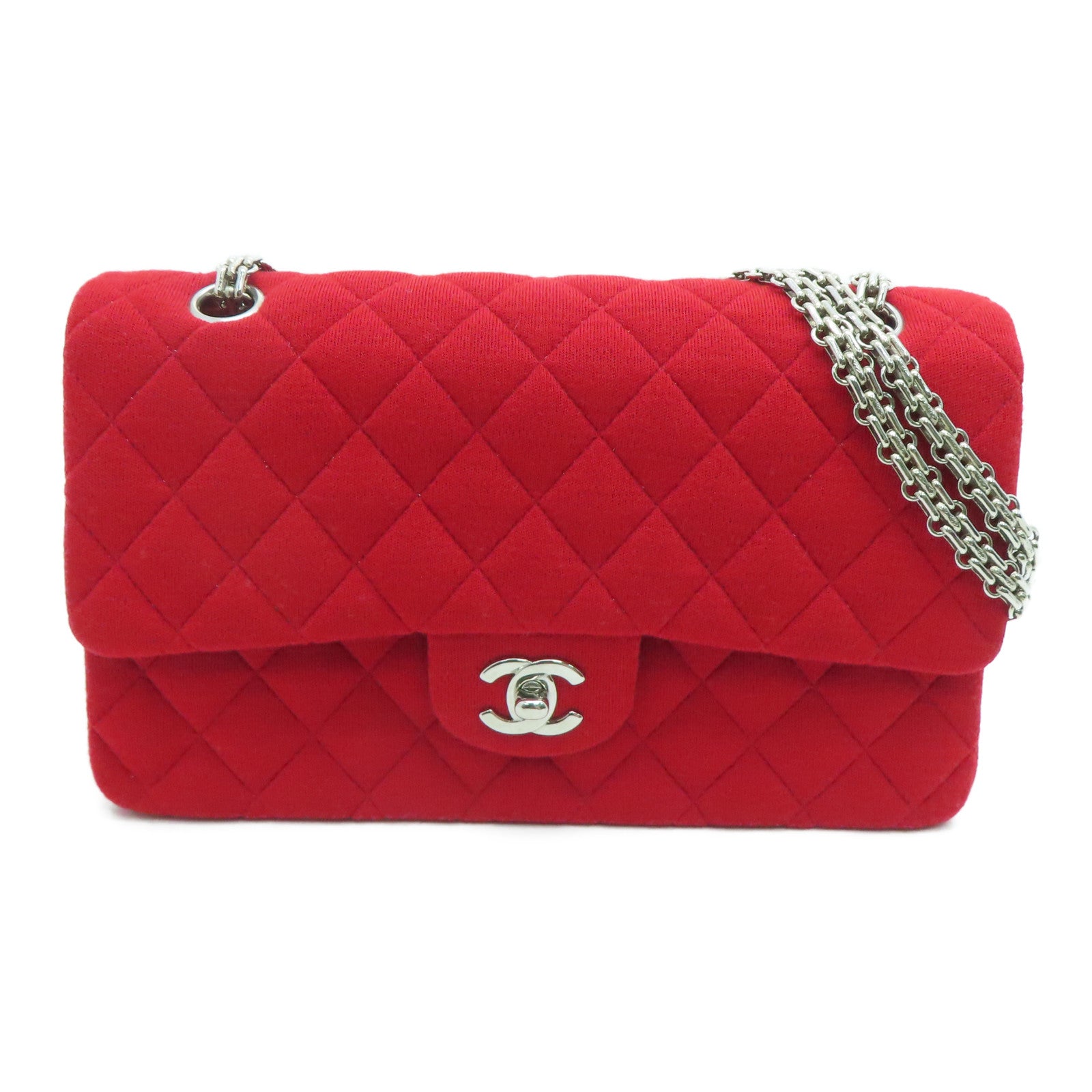 CHANEL 【激減優惠】菱格帆布Chain Shoulder Bag銀扣鏈帶肩背袋紅色