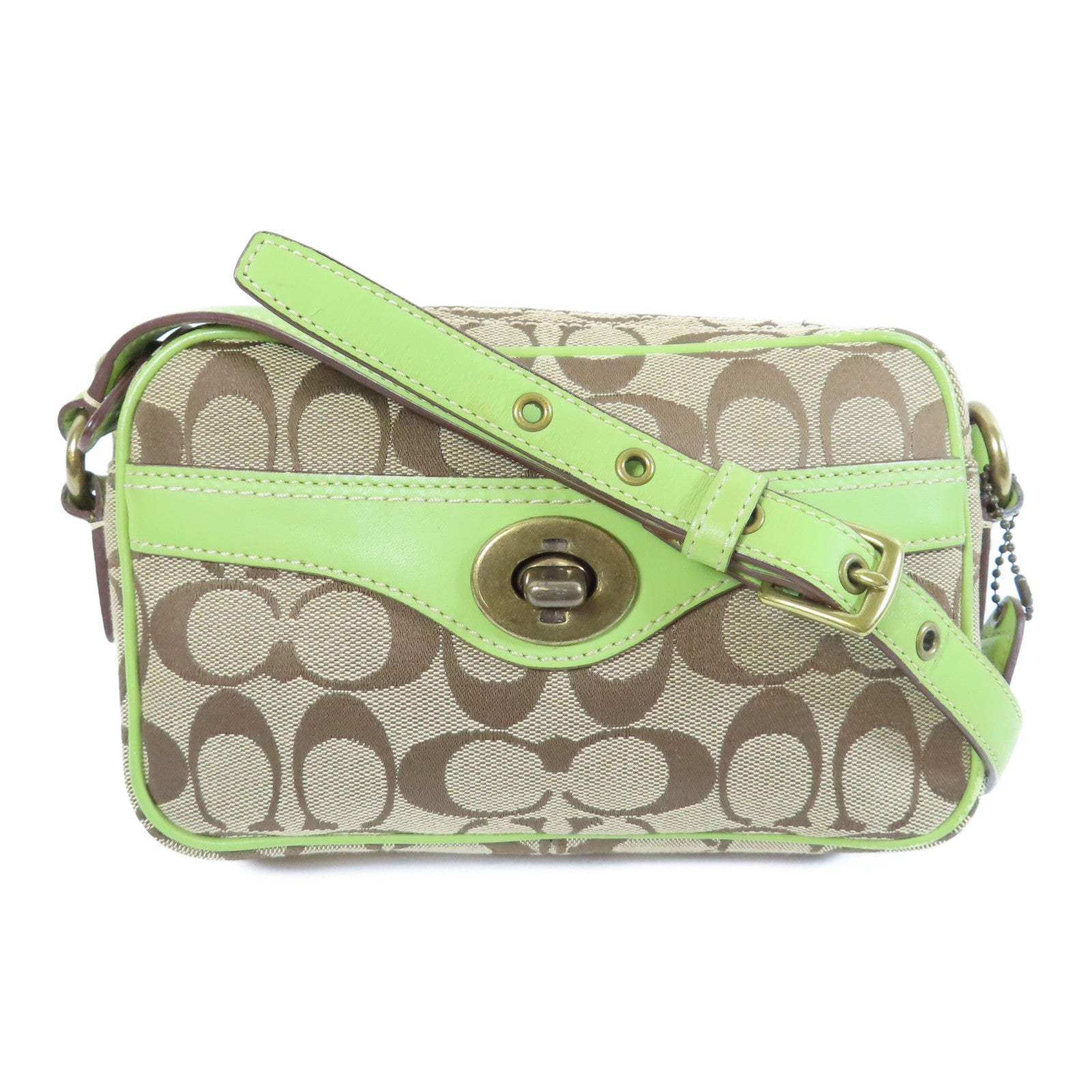 COACH 帆布Shoulder Bag金扣肩背袋綠色/啡色