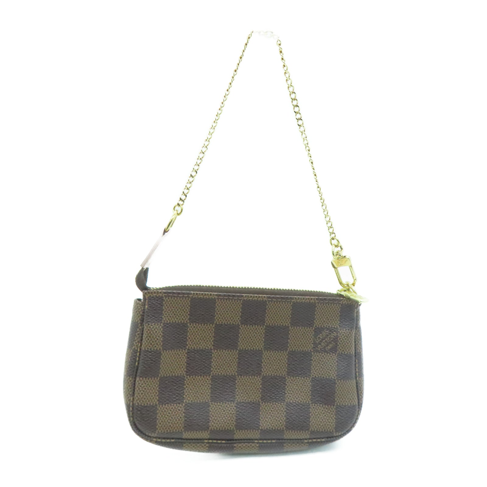LOUIS VUITTON Damier Mini Pochette Pouch Gold Buckle Clutch Brown
