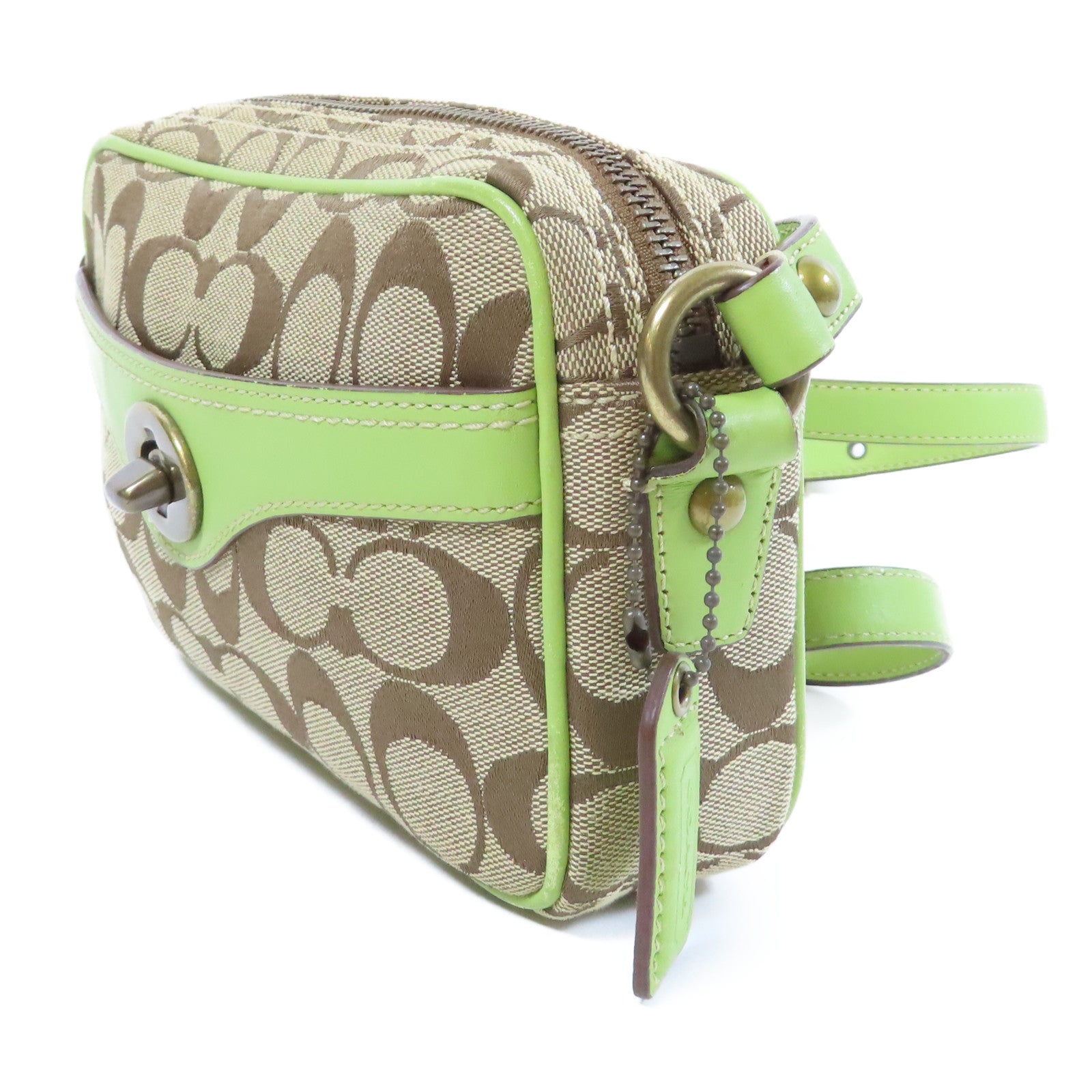 COACH 帆布Shoulder Bag金扣肩背袋綠色/啡色