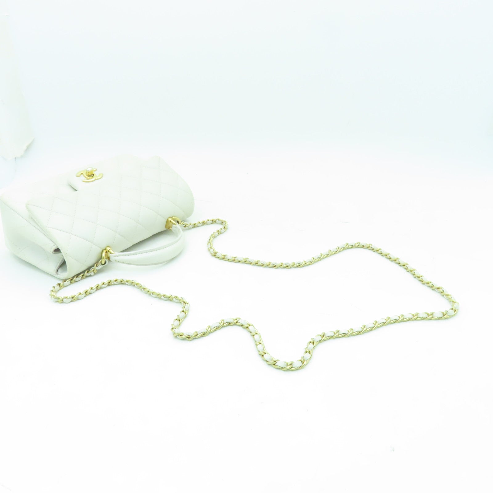 CHANEL 菱格羊皮皮革Chain Shoulder Bag金扣鏈帶手挽肩背兩用袋白色