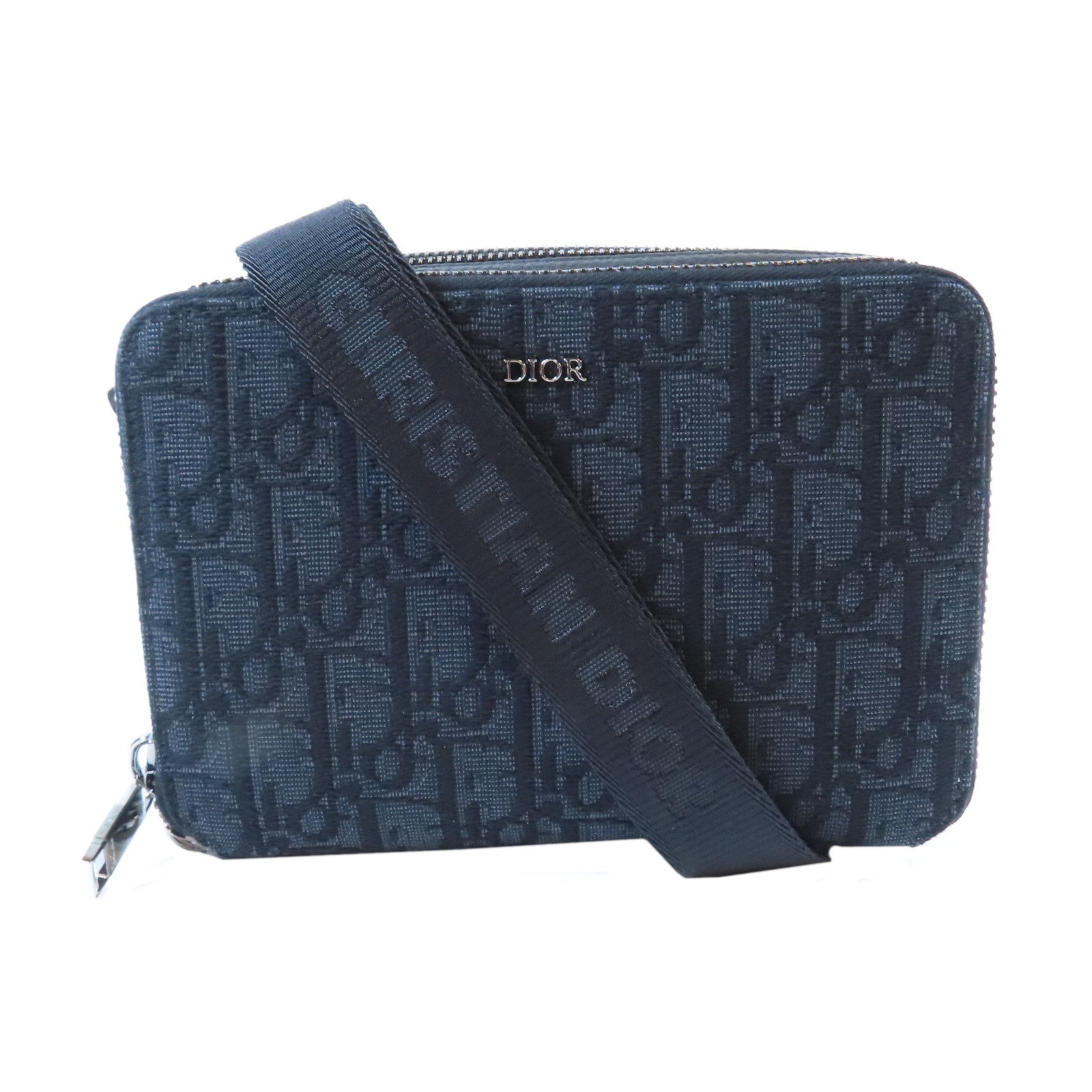 Dior 帆布Pouch with Strap銀扣肩背袋黑色